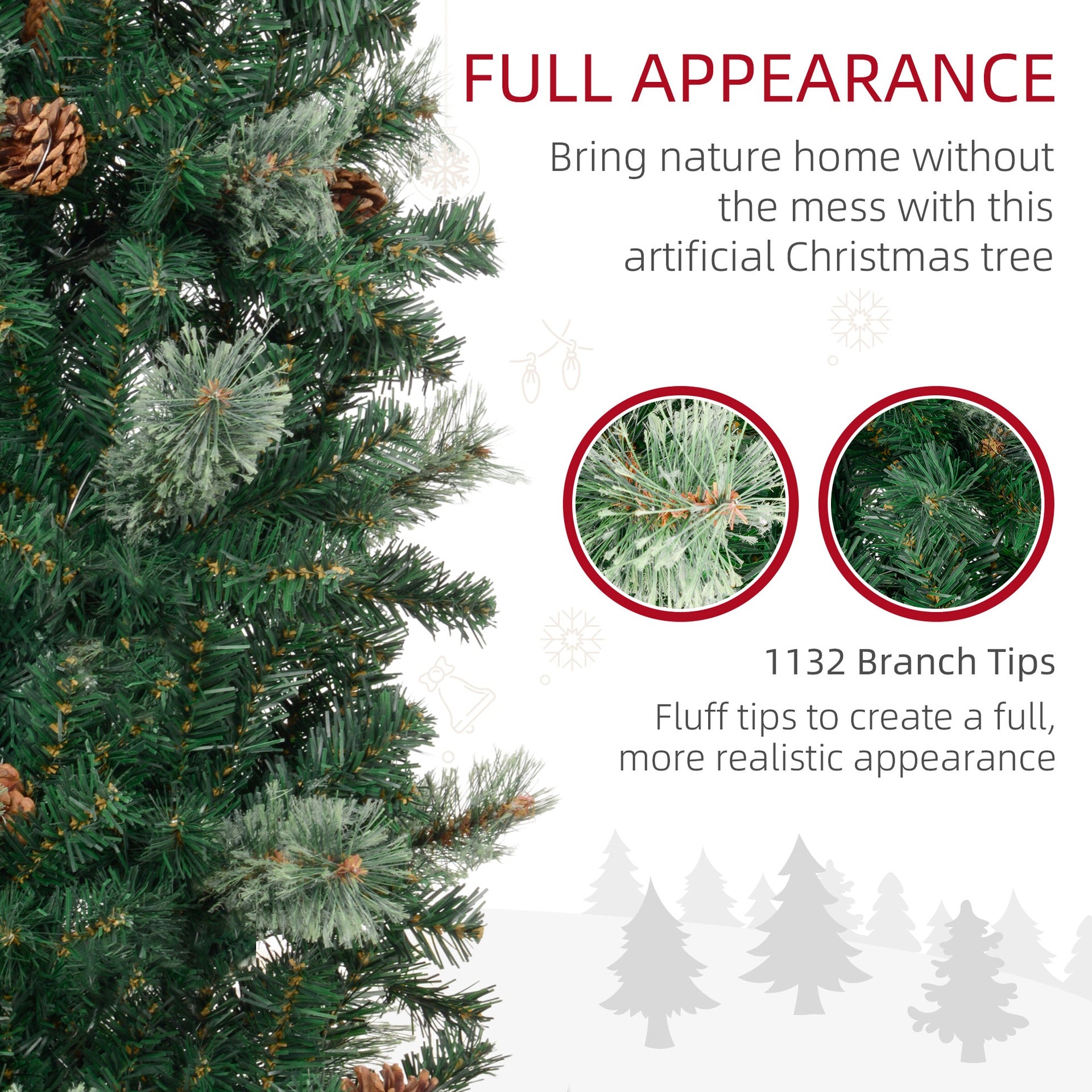 HOMCOM 9.5ft Pencil Christmas Tree, Slim Xmas Tree with Realistic Branches, Pine Cones and Metal Base, Green