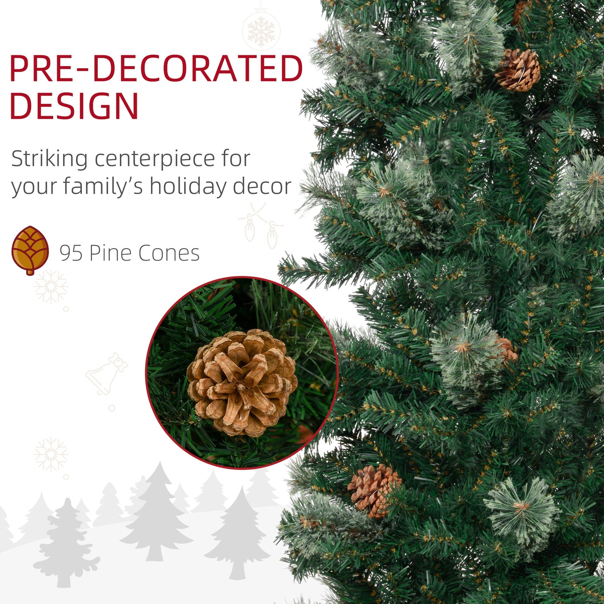 HOMCOM 9.5ft Pencil Christmas Tree, Slim Xmas Tree with Realistic Branches, Pine Cones and Metal Base, Green