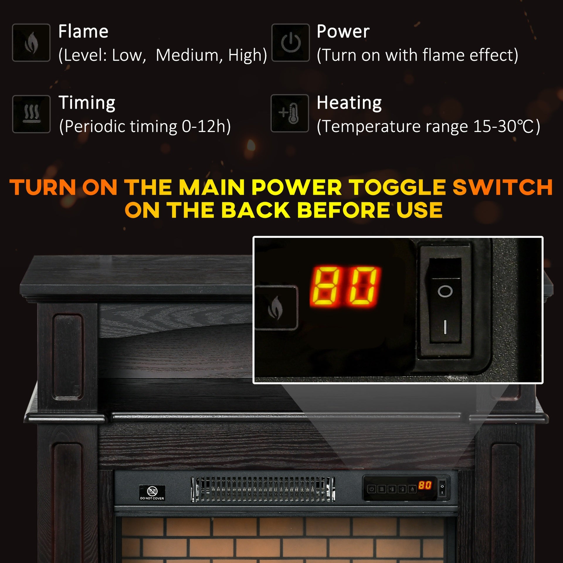 HOMCOM 32" Electric Fireplace with Mantel, Freestanding Heater with LED Log Flame, Shelf and Remote Control, 1400W, Brown