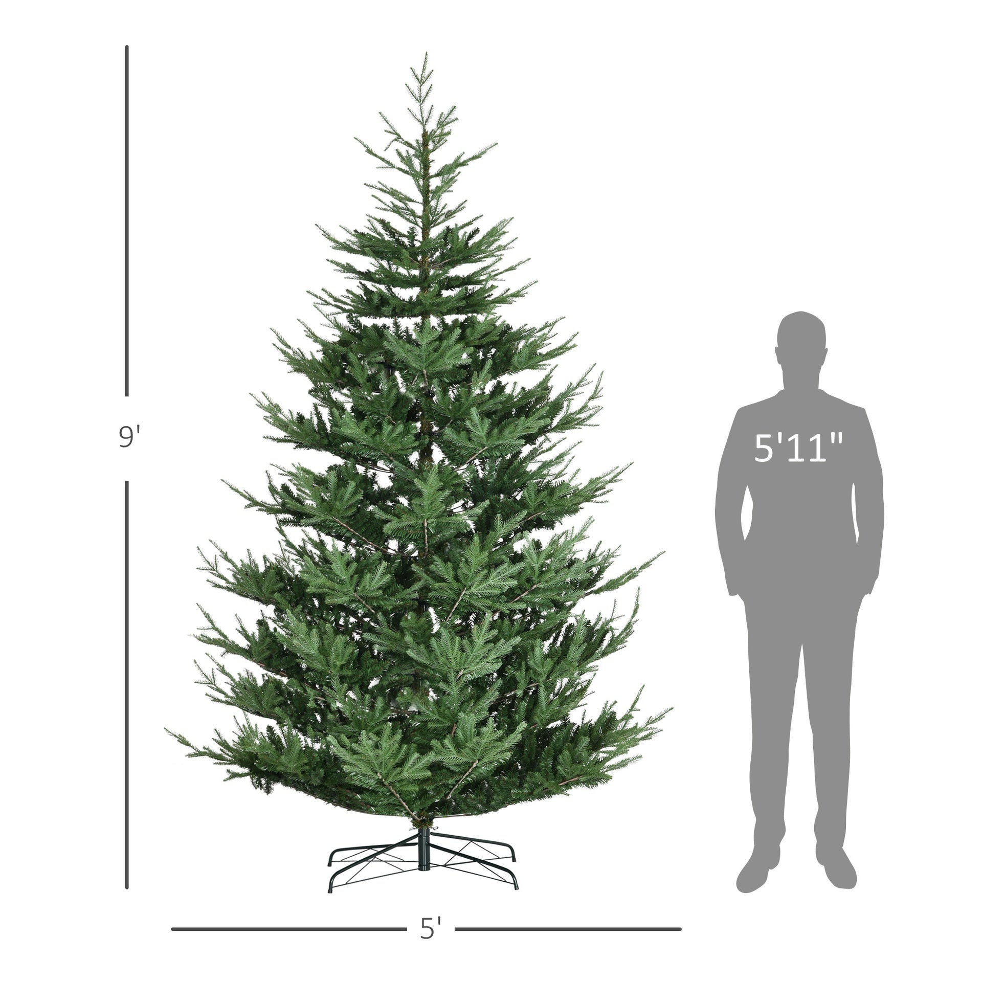HOMCOM 9 Foot Artificial Christmas Tree, Nordic Pine Hinged Xmas Tree with 1939 Realistic Branches, Wide Steel Base, Auto Open, Green