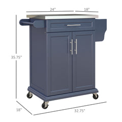 HOMCOM Kitchen Island with Wheels, Rolling Kitchen Island with Storage, Stainless Steel Countertop for Dining Room, Deep Blue