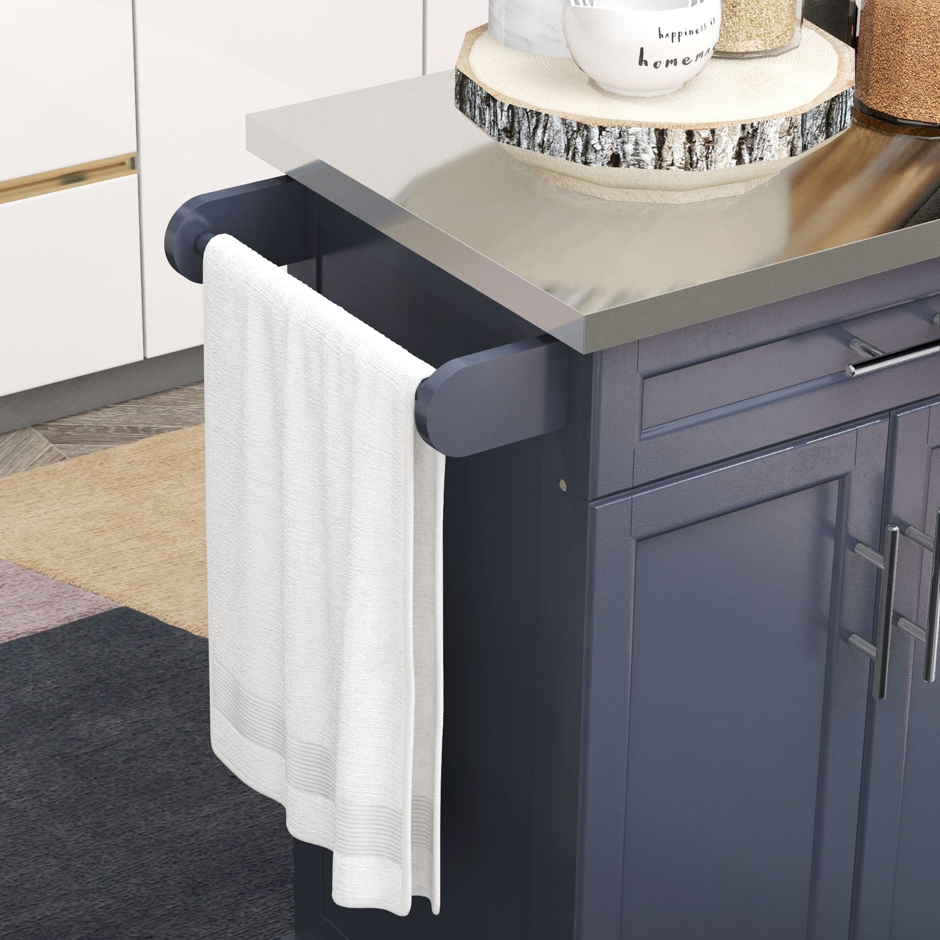 HOMCOM Kitchen Island with Wheels, Rolling Kitchen Island with Storage, Stainless Steel Countertop for Dining Room, Deep Blue