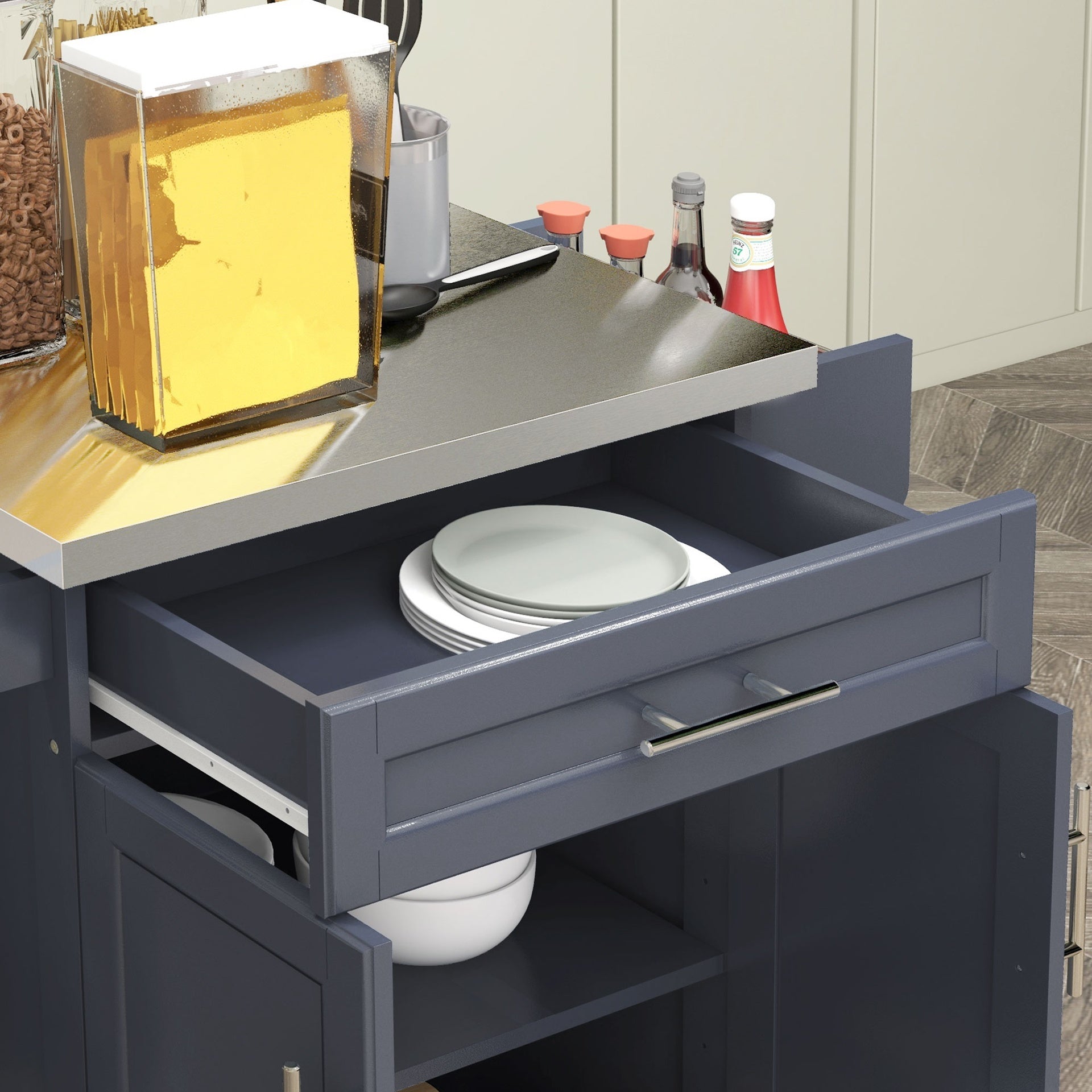 HOMCOM Kitchen Island with Wheels, Rolling Kitchen Island with Storage, Stainless Steel Countertop for Dining Room, Deep Blue