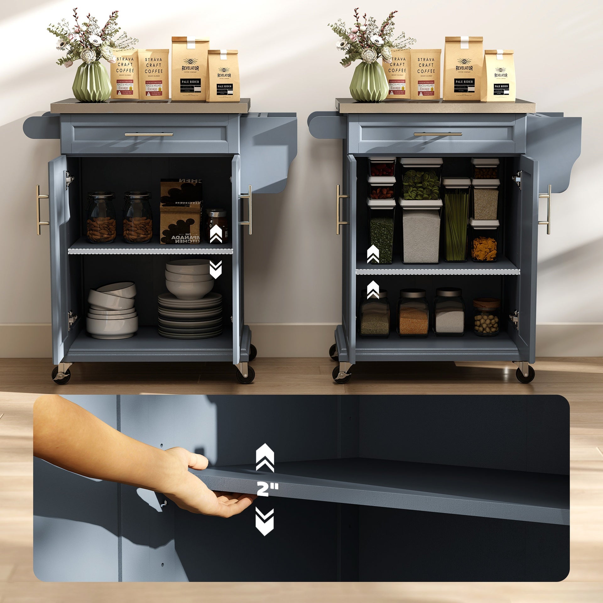 HOMCOM Kitchen Island with Wheels, Rolling Kitchen Island with Storage, Stainless Steel Countertop for Dining Room, Deep Blue