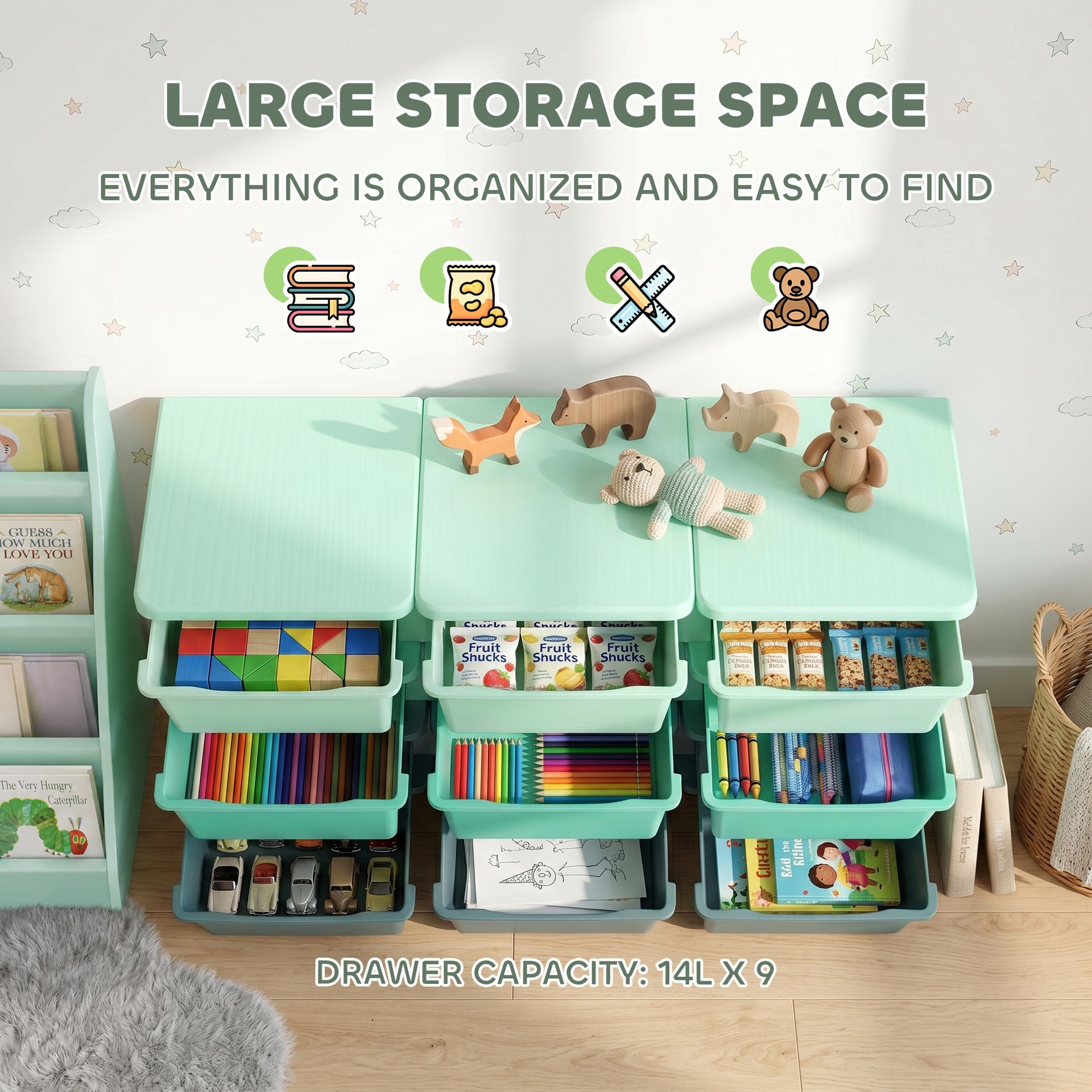 Qaba 3 Tier Kids Storage Organizer with 9 Drawers for Bedroom, Nursery, Kindergarten, Living Room, Boys and Girls, Green