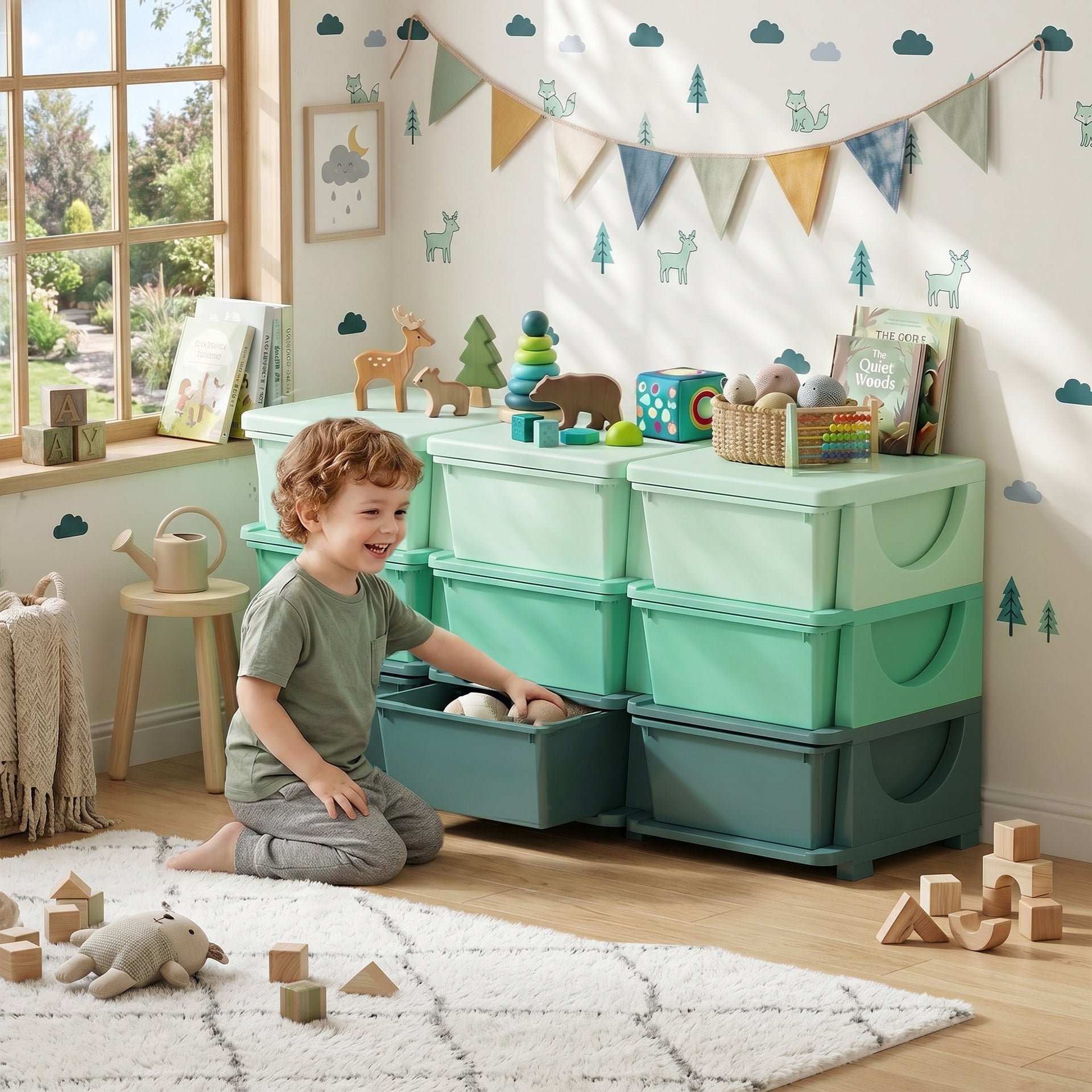 Qaba 3 Tier Kids Storage Organizer with 9 Drawers for Bedroom, Nursery, Kindergarten, Living Room, Boys and Girls, Green