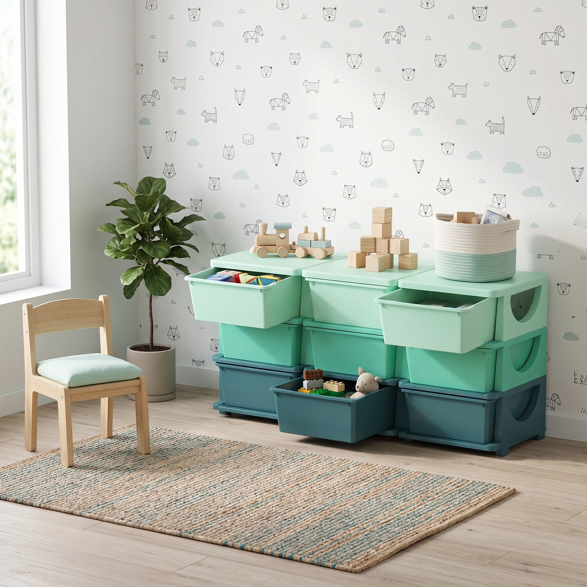 Qaba 3 Tier Kids Storage Organizer with 9 Drawers for Bedroom, Nursery, Kindergarten, Living Room, Boys and Girls, Green