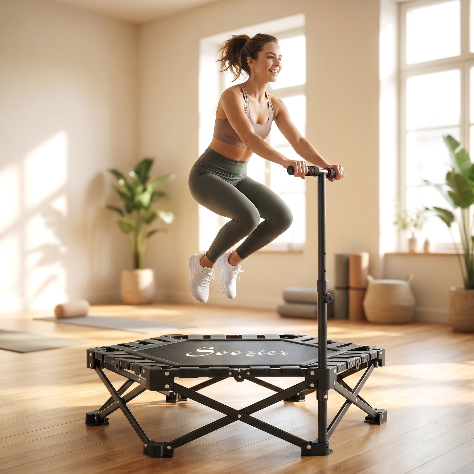 Soozier 42" Foldable Mini Trampoline, Rebounder Trampoline with Adjustable Foam Handle for Indoor Outdoor Workout for Adults
