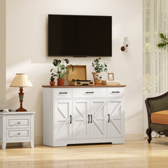 HOMCOM 47" Buffet Cabinet with Soft-Close Hinges, Farmhouse Sideboard with 3 Drawers, Adjustable Shelves and Spice Racks, White