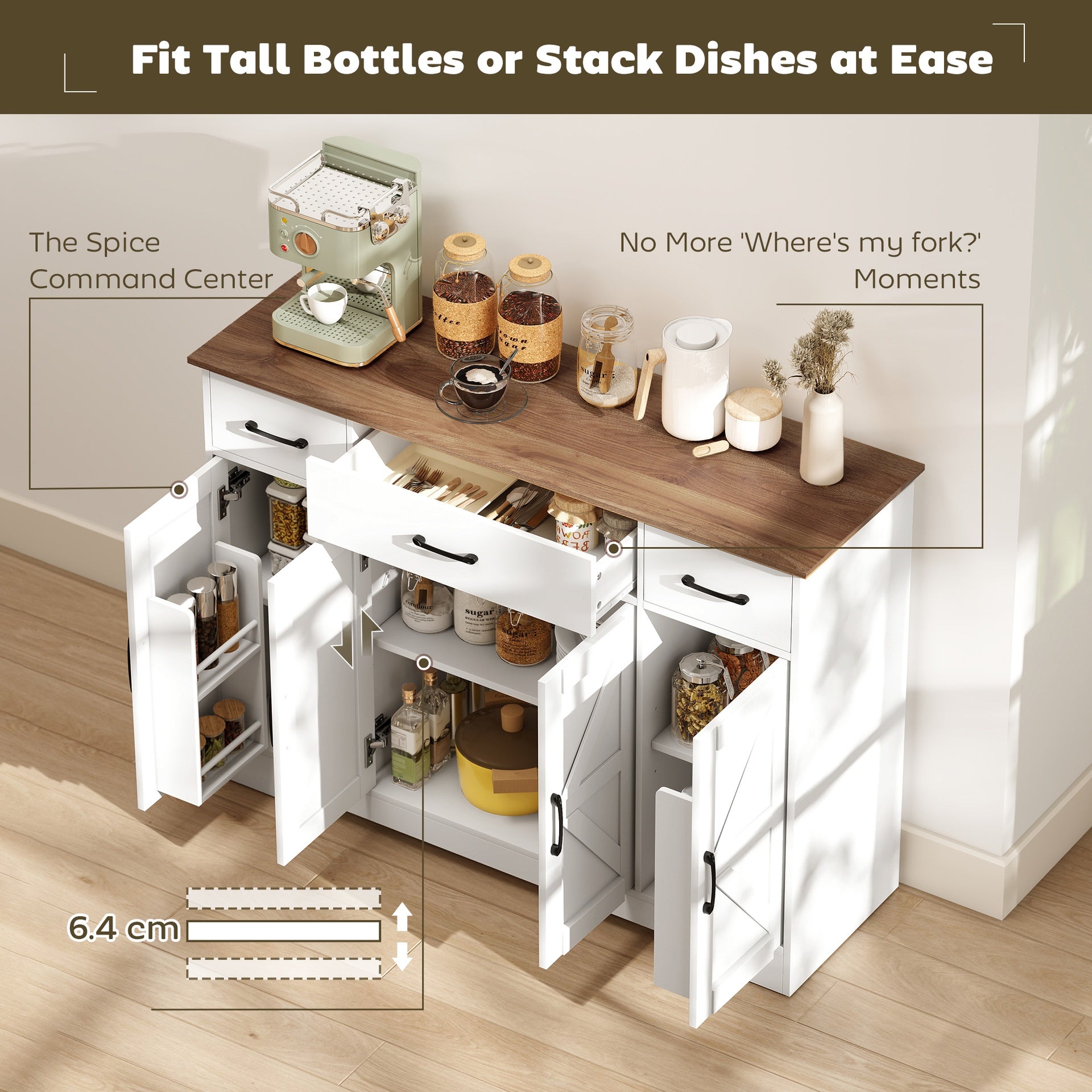 HOMCOM 47" Buffet Cabinet with Soft-Close Hinges, Farmhouse Sideboard with 3 Drawers, Adjustable Shelves and Spice Racks, White