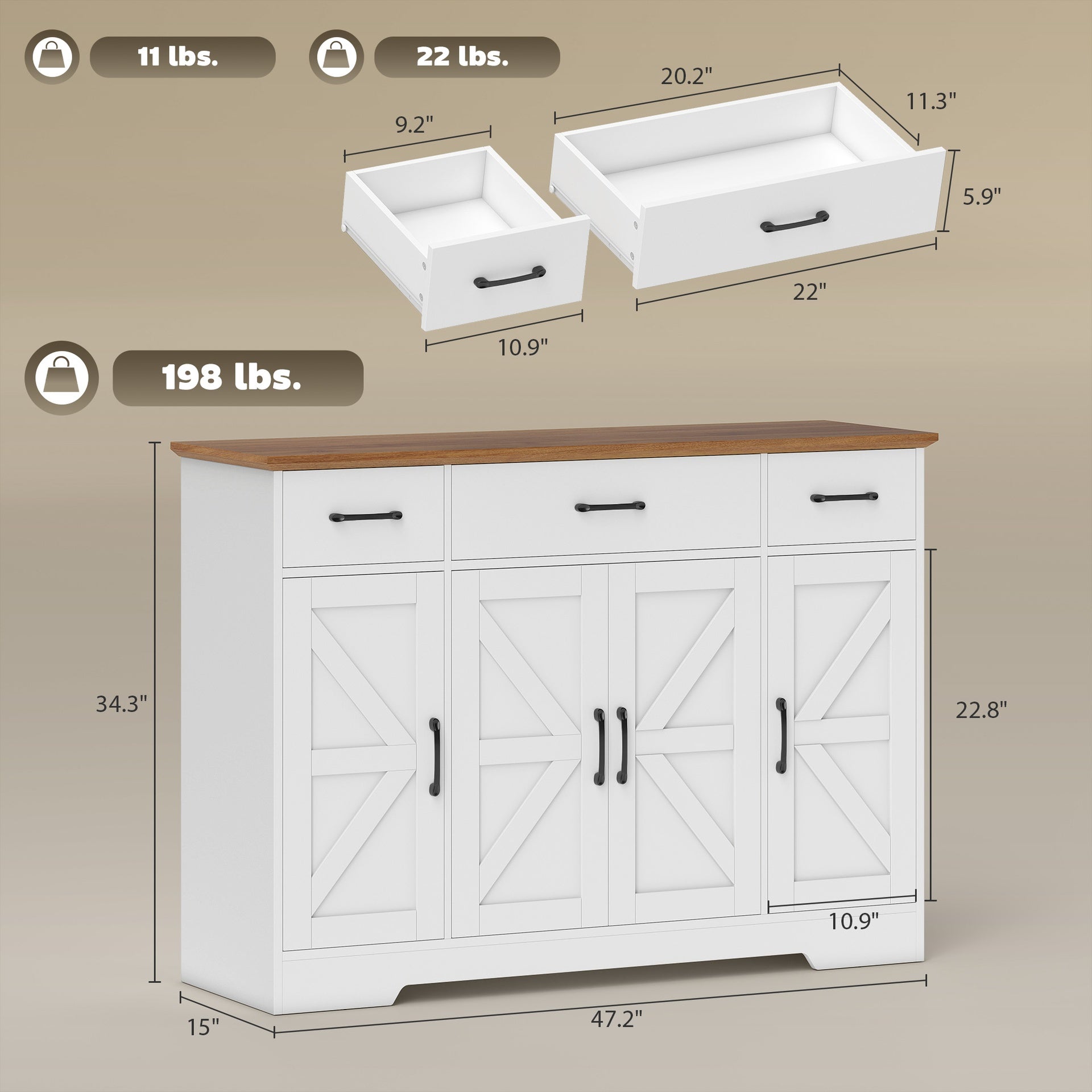 HOMCOM 47" Buffet Cabinet with Soft-Close Hinges, Farmhouse Sideboard with 3 Drawers, Adjustable Shelves and Spice Racks, White
