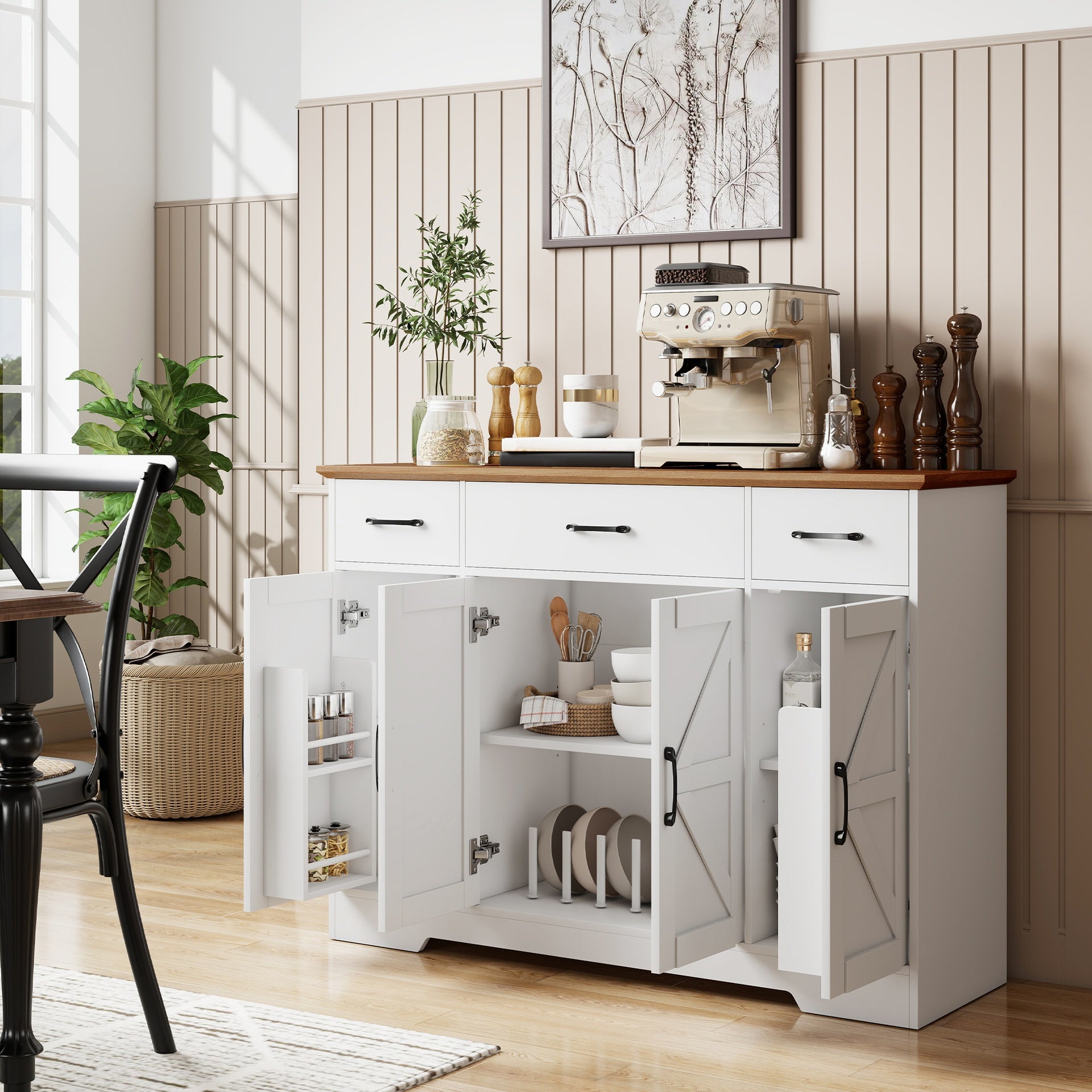 HOMCOM 47" Buffet Cabinet with Soft-Close Hinges, Farmhouse Sideboard with 3 Drawers, Adjustable Shelves and Spice Racks, White