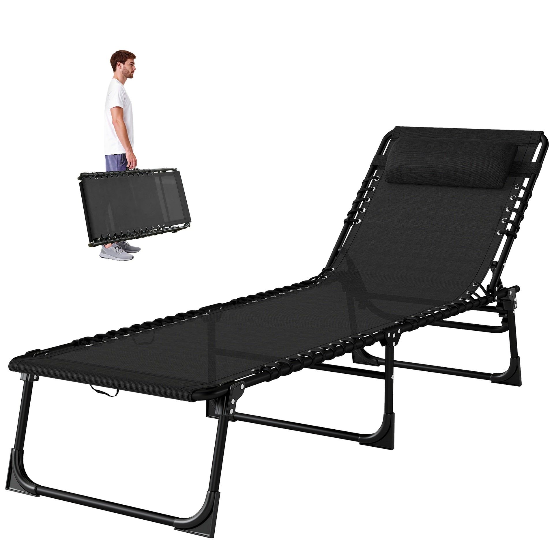 Outsunny Folding Chaise Lounge Pool Chair with 4-Position Reclining Back, Pillow, Breathable Mesh & Bungee Seat, Black