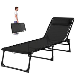 Outsunny Folding Chaise Lounge Pool Chair with 4-Position Reclining Back, Pillow, Breathable Mesh & Bungee Seat, Black