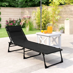 Outsunny Folding Chaise Lounge Pool Chair with 4-Position Reclining Back, Pillow, Breathable Mesh & Bungee Seat, Black