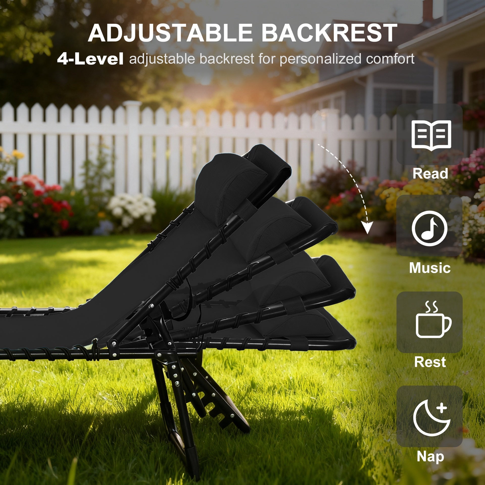 Outsunny Folding Chaise Lounge Pool Chair with 4-Position Reclining Back, Pillow, Breathable Mesh & Bungee Seat, Black