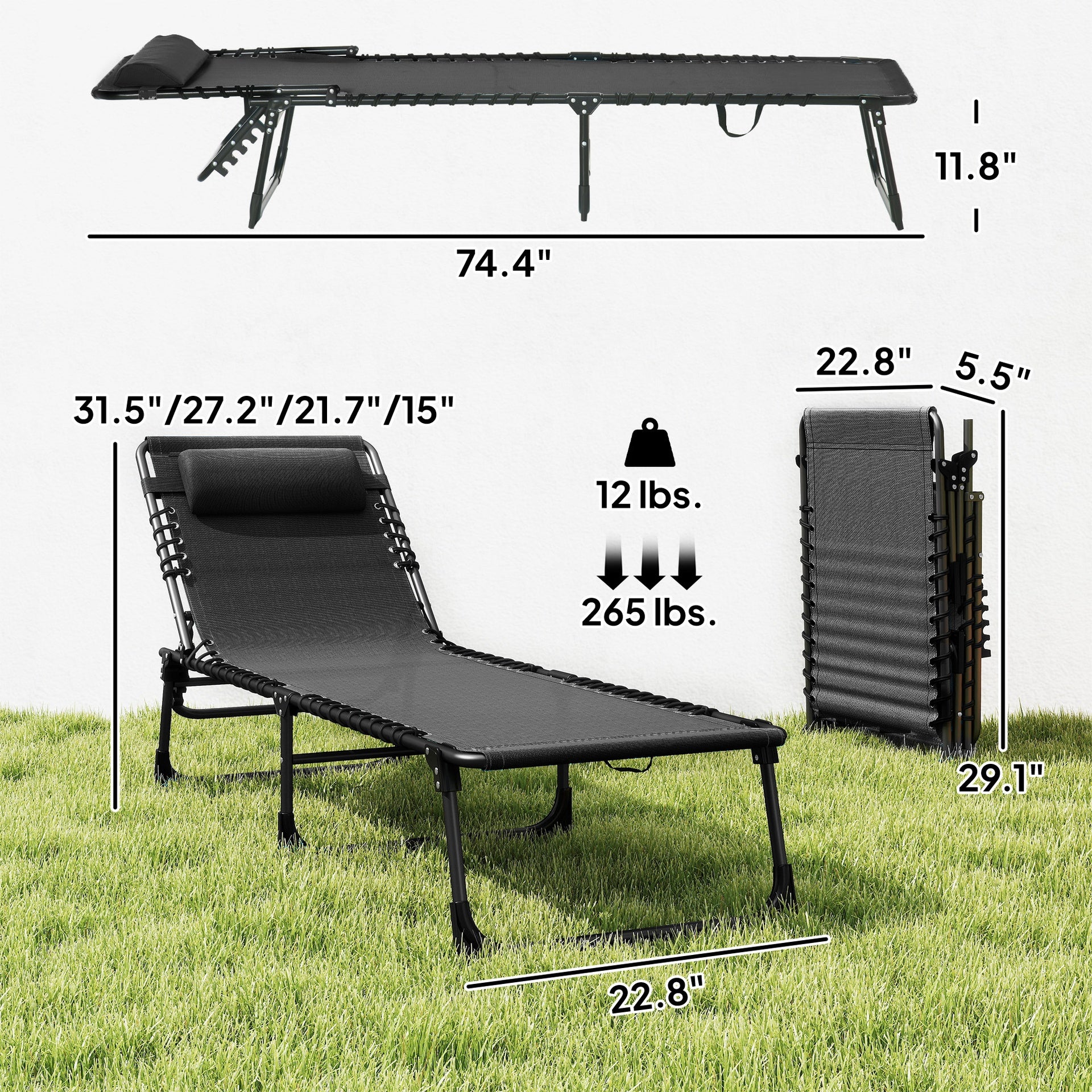 Outsunny Folding Chaise Lounge Pool Chair with 4-Position Reclining Back, Pillow, Breathable Mesh & Bungee Seat, Black