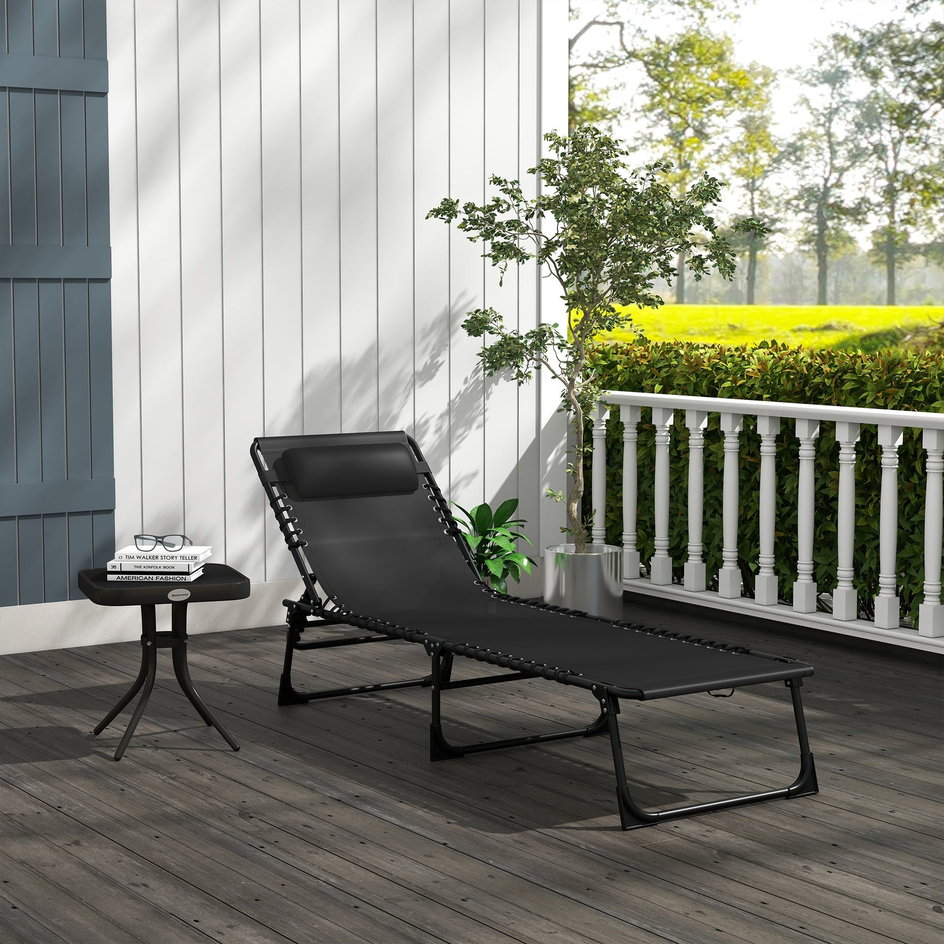 Outsunny Folding Chaise Lounge Pool Chair with 4-Position Reclining Back, Pillow, Breathable Mesh & Bungee Seat, Black