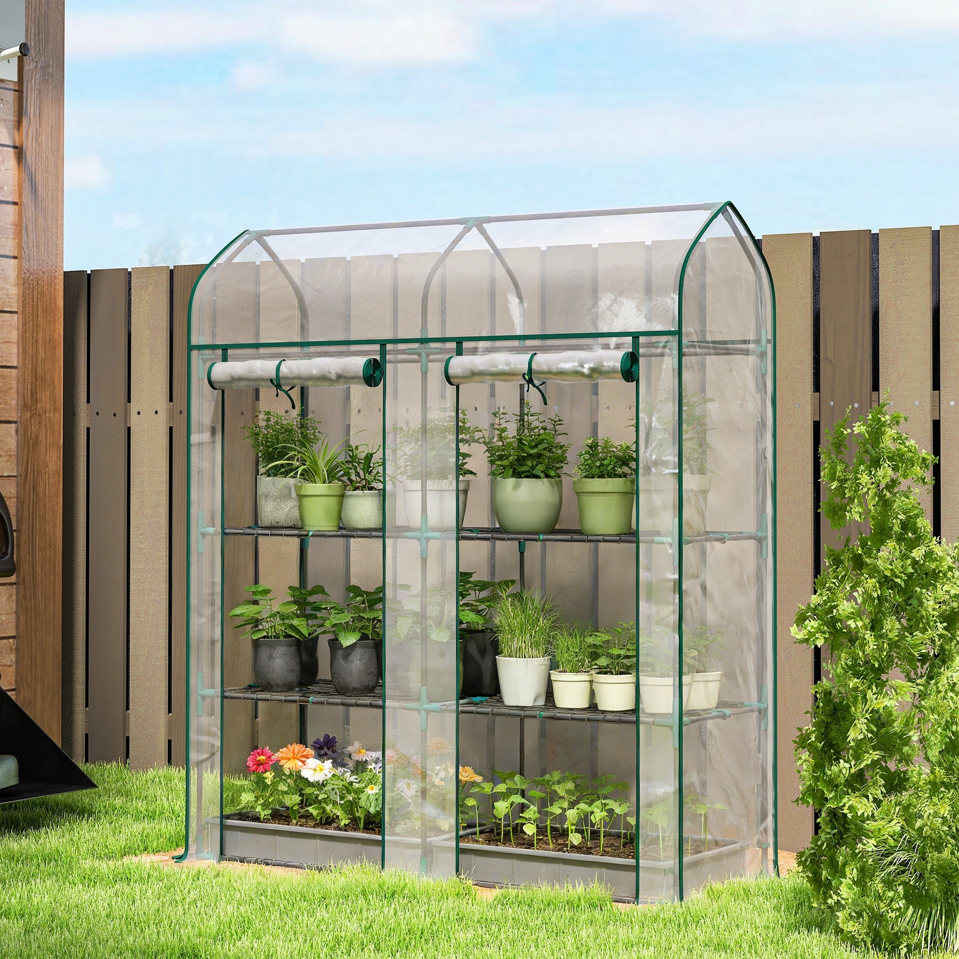 Outsunny 3 Tier Mini Greenhouse, Small Portable Greenhouse with 2 Roll-up Doors, 56.3" x 18.1" x 65", Clear