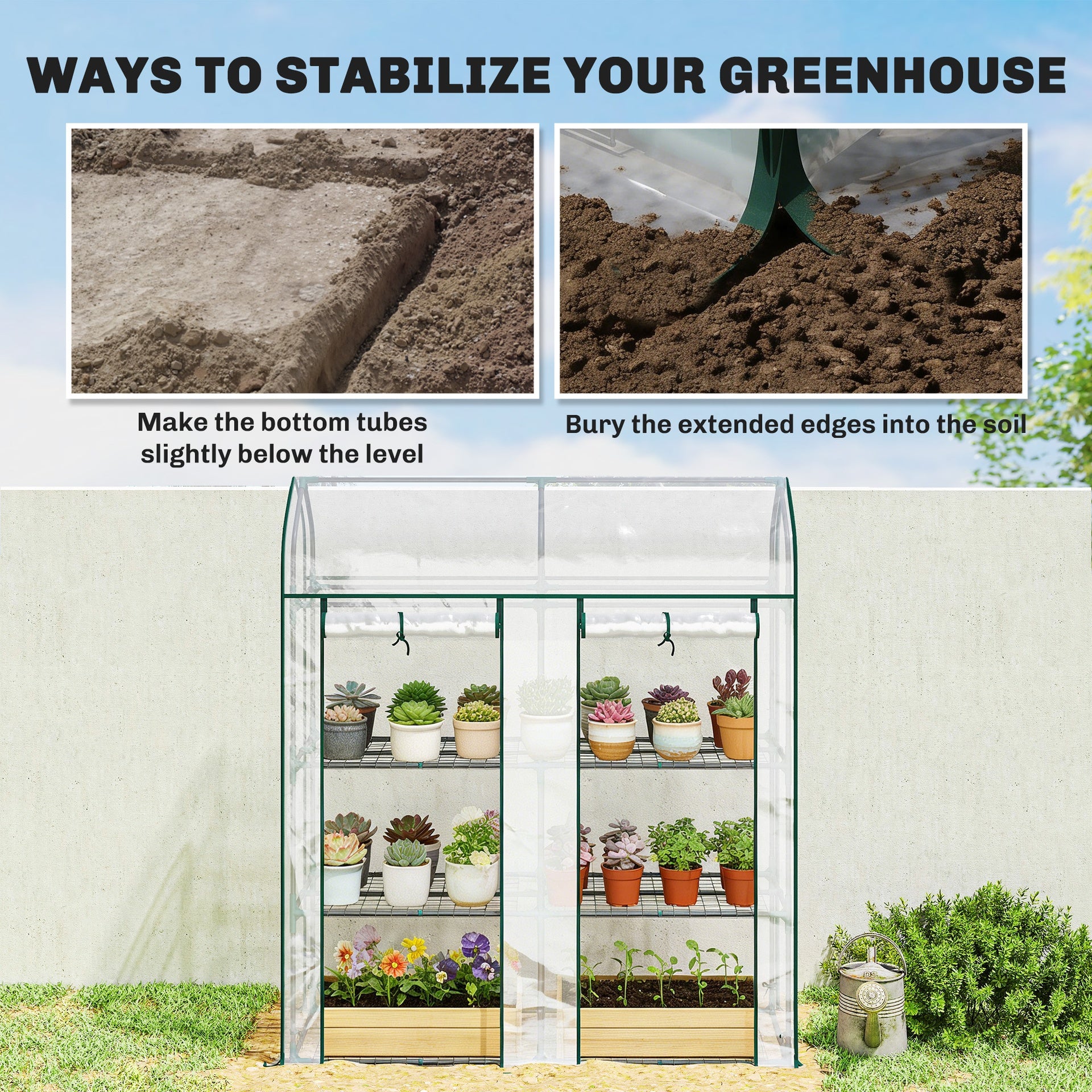 Outsunny 3 Tier Mini Greenhouse, Small Portable Greenhouse with 2 Roll-up Doors, 56.3" x 18.1" x 65", Clear