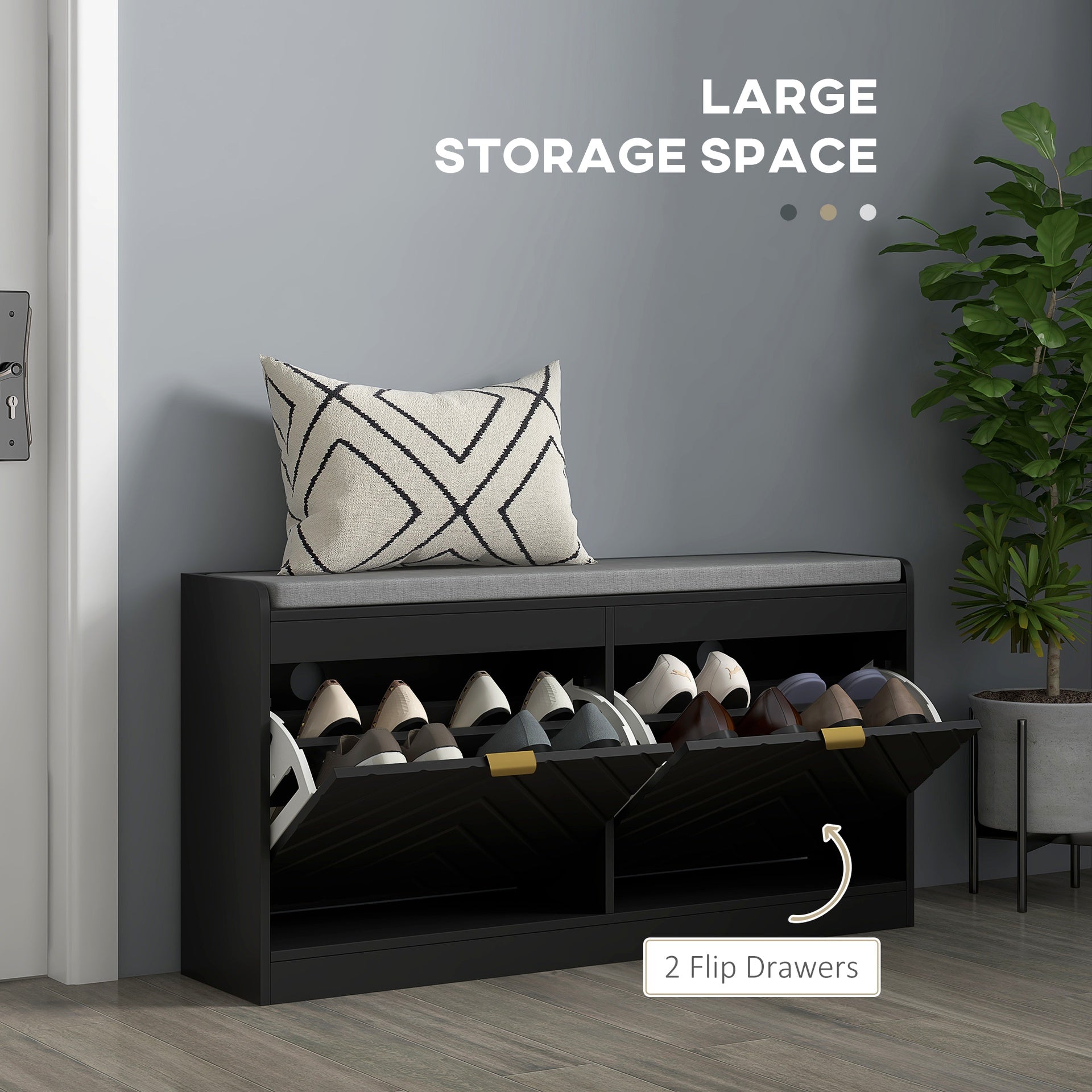 HOMCOM Narrow Storage Bench, Upholstered Entry Way Bench, Shoe Rack Bench with 2 Flip Drawers, 2 Vents for 8 Pairs of Shoes
