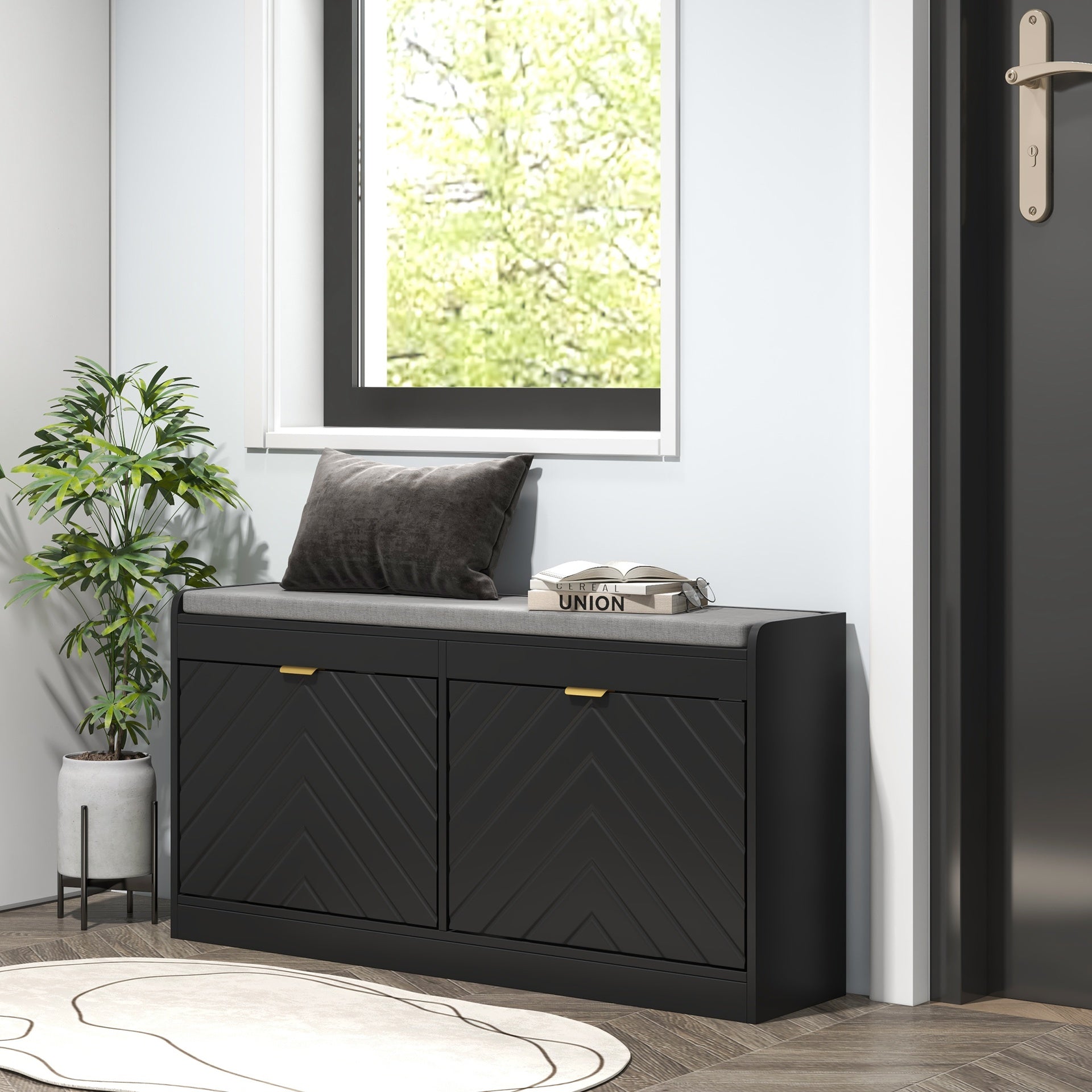 HOMCOM Narrow Storage Bench, Upholstered Entry Way Bench, Shoe Rack Bench with 2 Flip Drawers, 2 Vents for 8 Pairs of Shoes