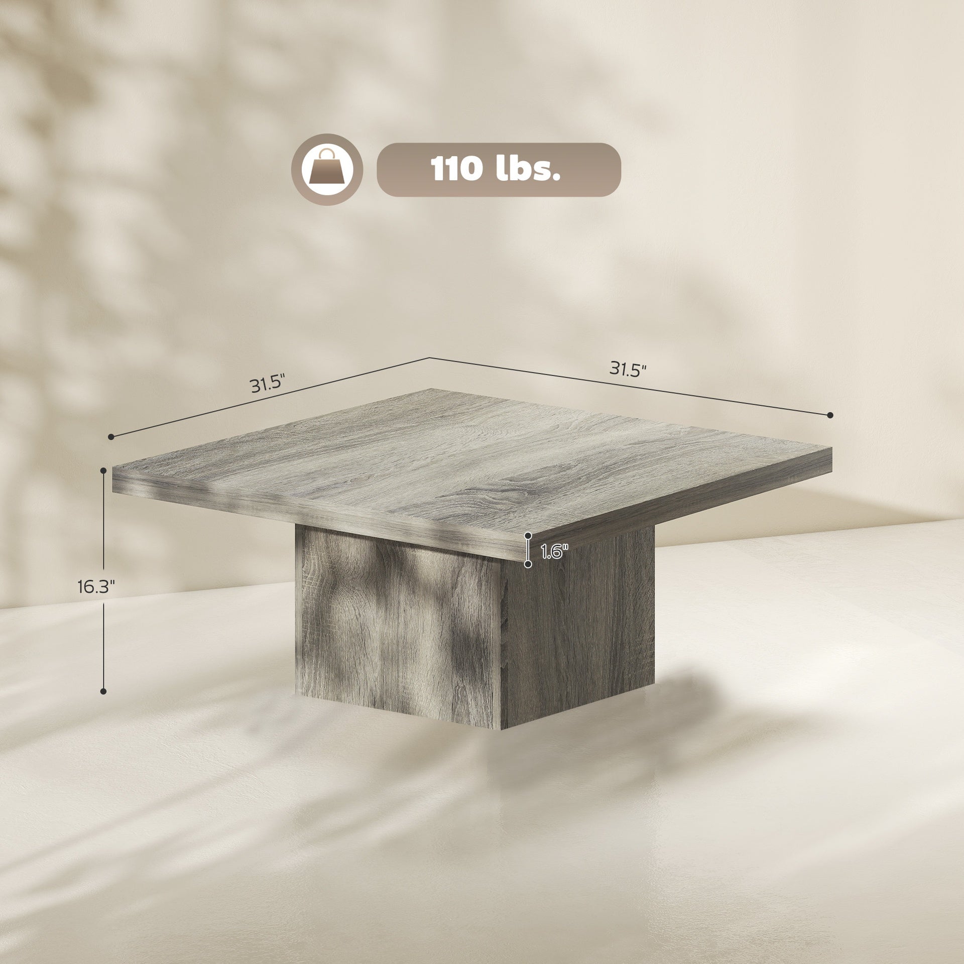 HOMCOM Square Coffee Table, Center Table with 1.6" Thick Tabletop, Gray Wood Grain