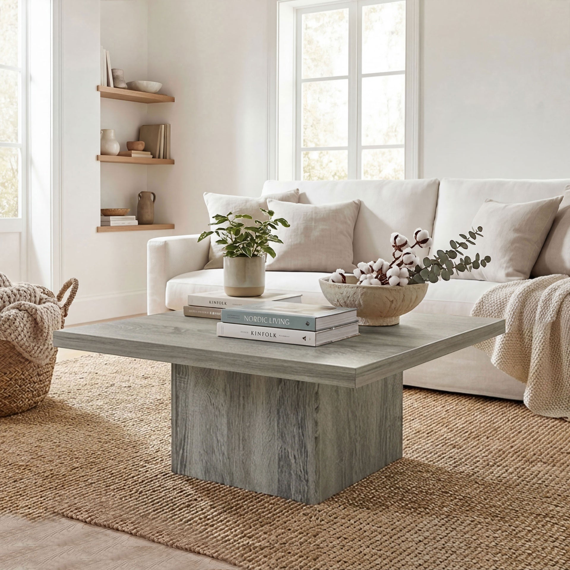 HOMCOM Square Coffee Table, Center Table with 1.6" Thick Tabletop, Gray Wood Grain