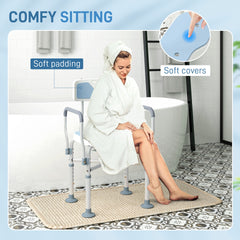 HOMCOM Bath Seat with Adjustable Height, Anti-slip, HDPE Padded Shower Chair with Arms and Back, Light Blue