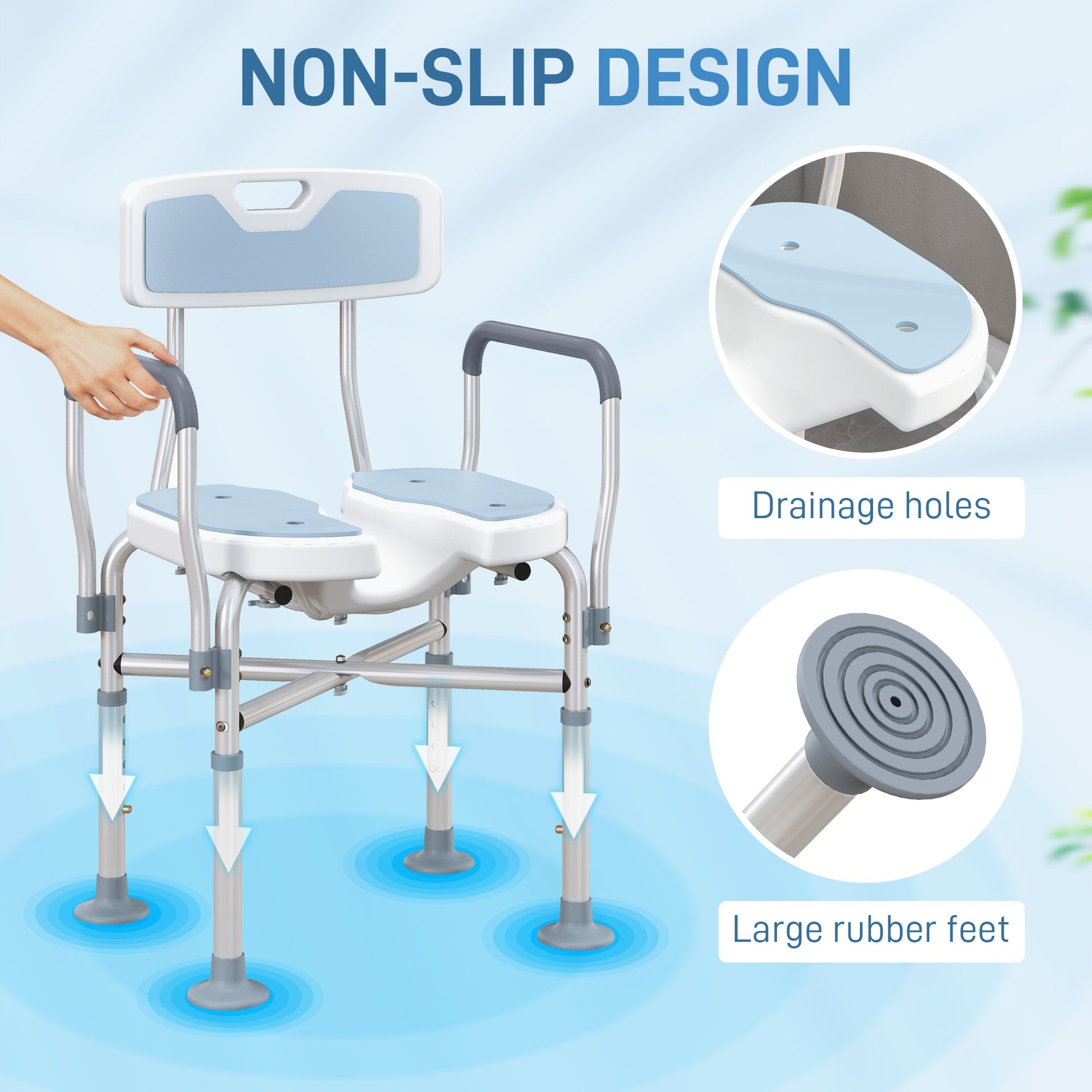 HOMCOM Bath Seat with Adjustable Height, Anti-slip, HDPE Padded Shower Chair with Arms and Back, Light Blue