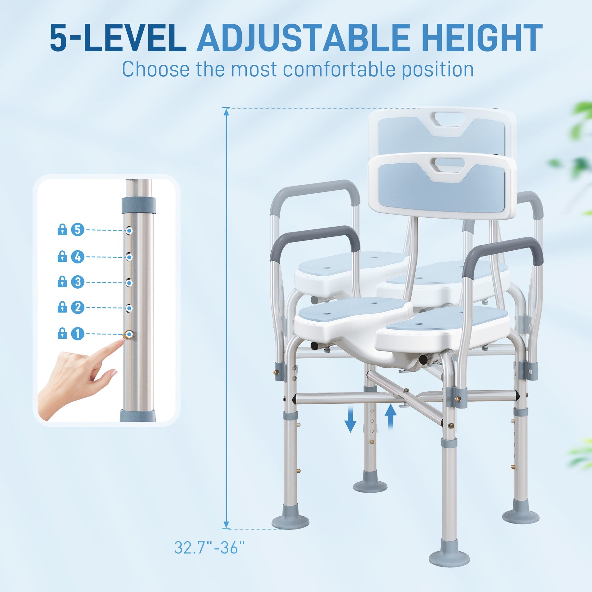 HOMCOM Bath Seat with Adjustable Height, Anti-slip, HDPE Padded Shower Chair with Arms and Back, Light Blue