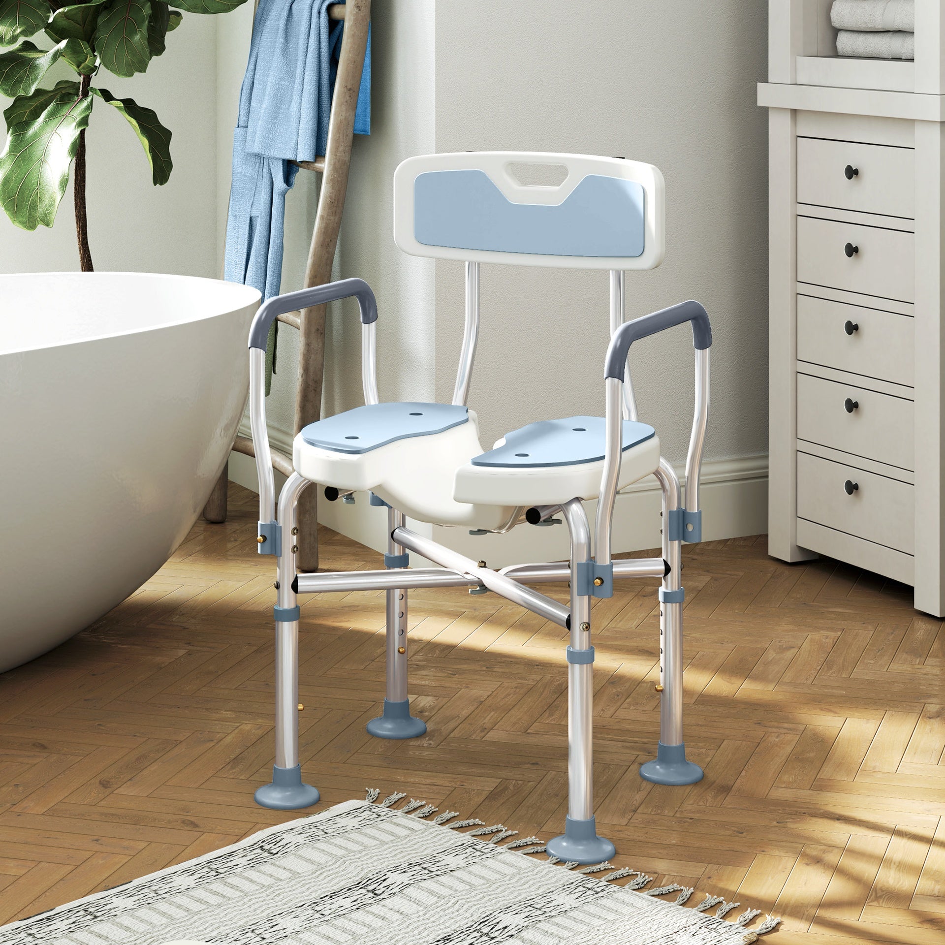 HOMCOM Bath Seat with Adjustable Height, Anti-slip, HDPE Padded Shower Chair with Arms and Back, Light Blue