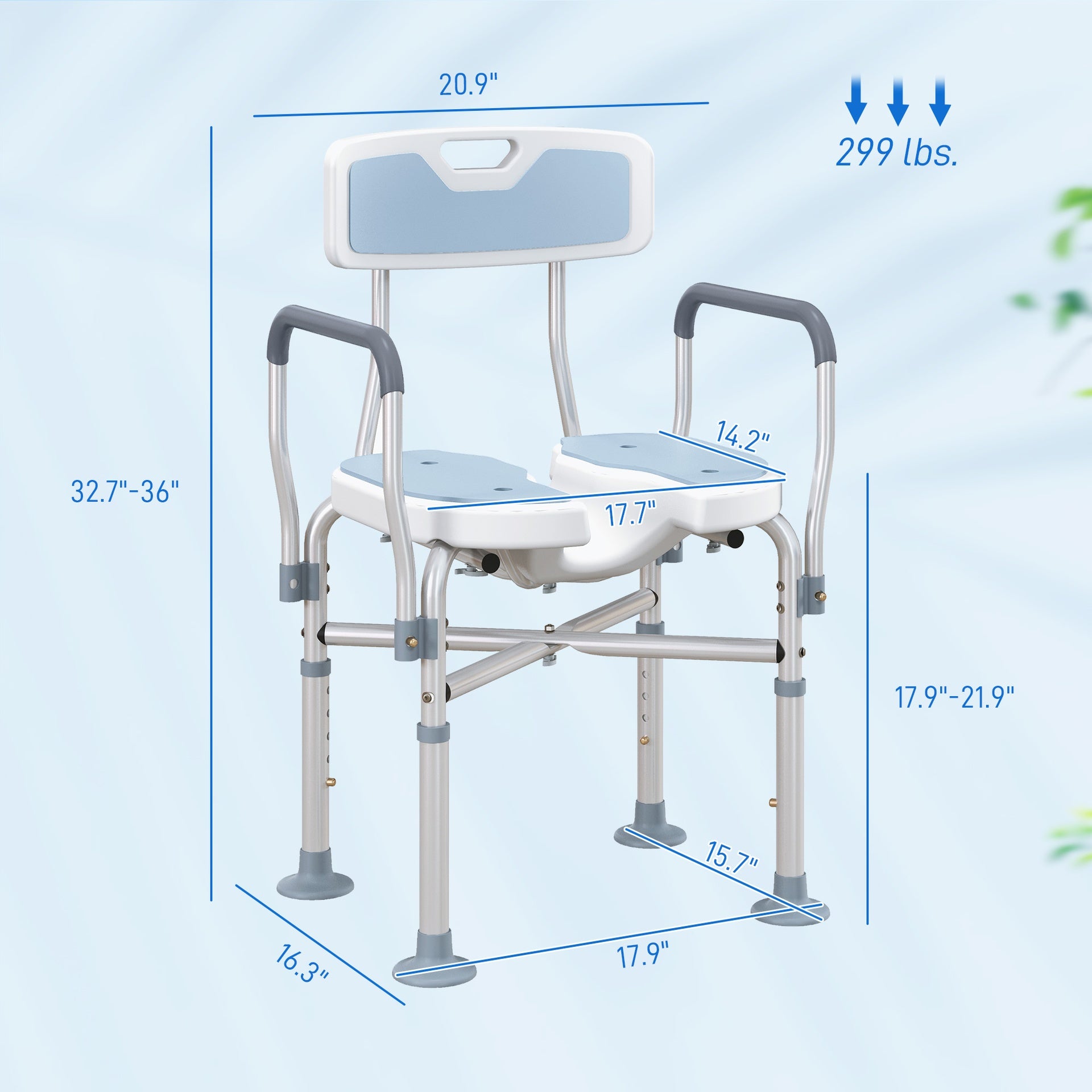 HOMCOM Bath Seat with Adjustable Height, Anti-slip, HDPE Padded Shower Chair with Arms and Back, Light Blue