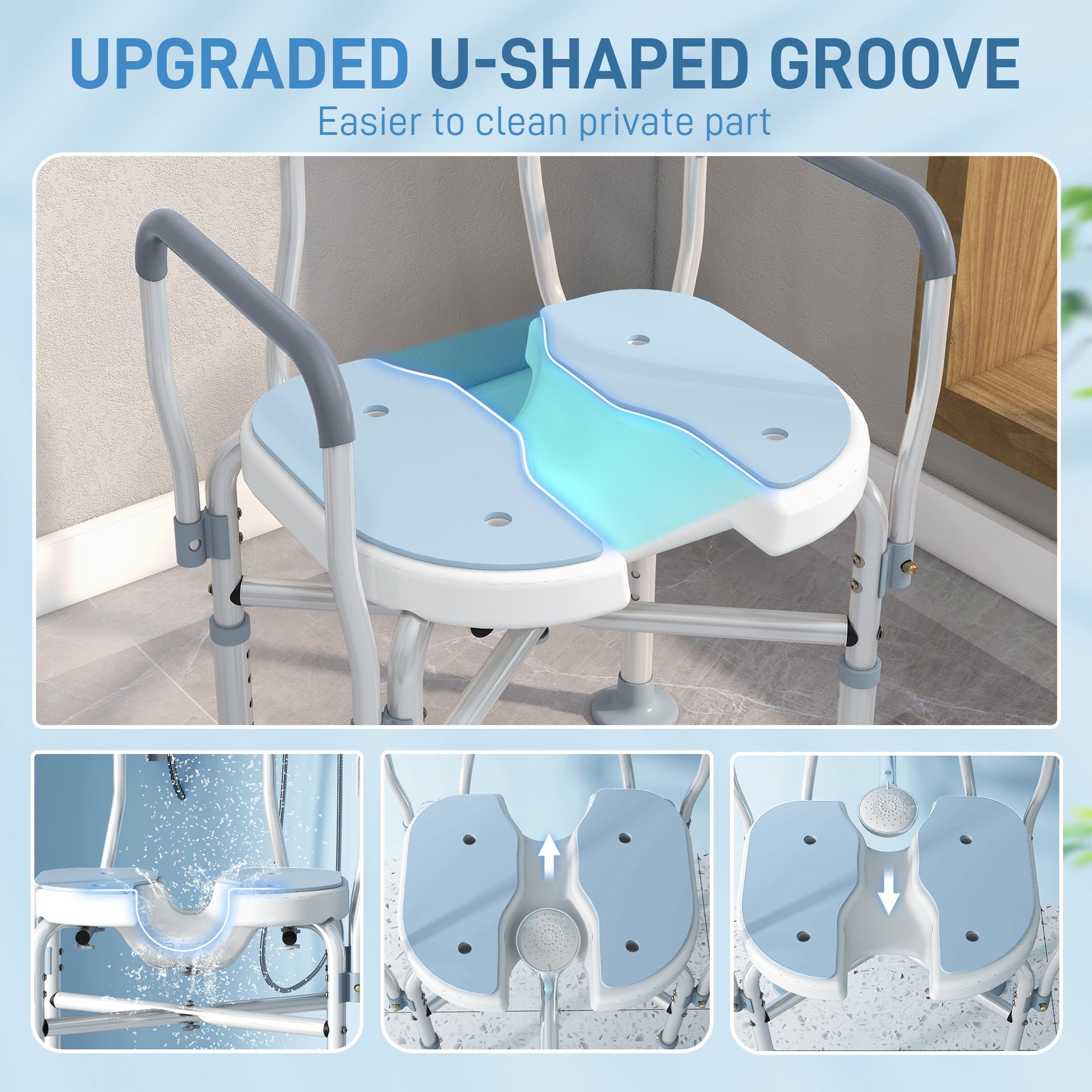 HOMCOM Bath Seat with Adjustable Height, Anti-slip, HDPE Padded Shower Chair with Arms and Back, Light Blue