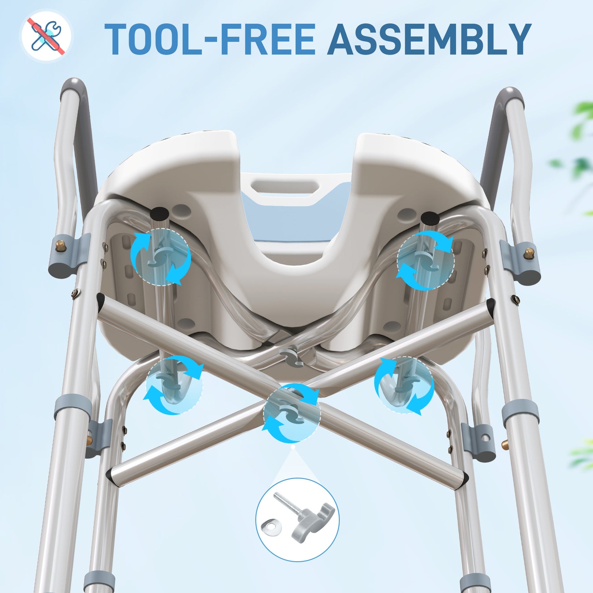 HOMCOM Bath Seat with Adjustable Height, Anti-slip, HDPE Padded Shower Chair with Arms and Back, Light Blue