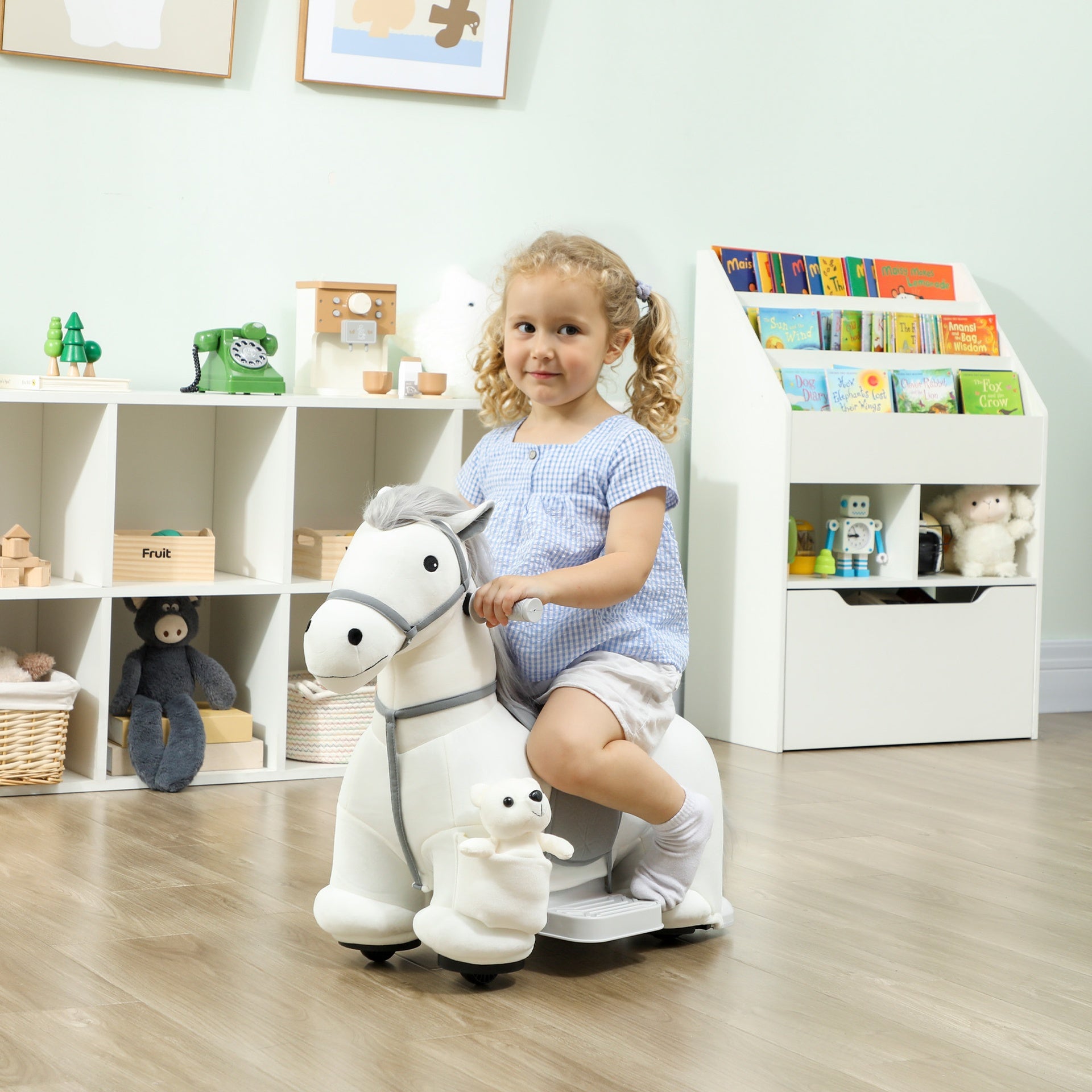 Qaba 6V Ride On Horse, Battery Powered Ride on Toy, Electric Kids Riding Pony with Bear Toy, Music for Aged 1.5-5 Years