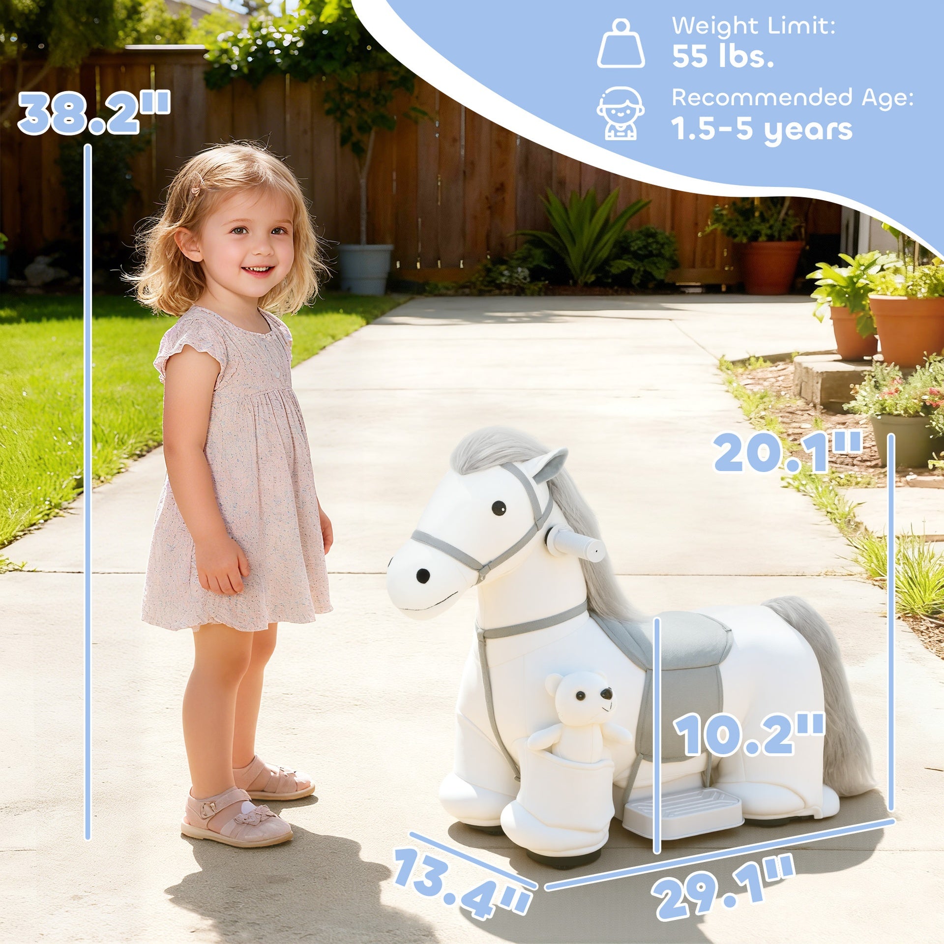 Qaba 6V Ride On Horse, Battery Powered Ride on Toy, Electric Kids Riding Pony with Bear Toy, Music for Aged 1.5-5 Years
