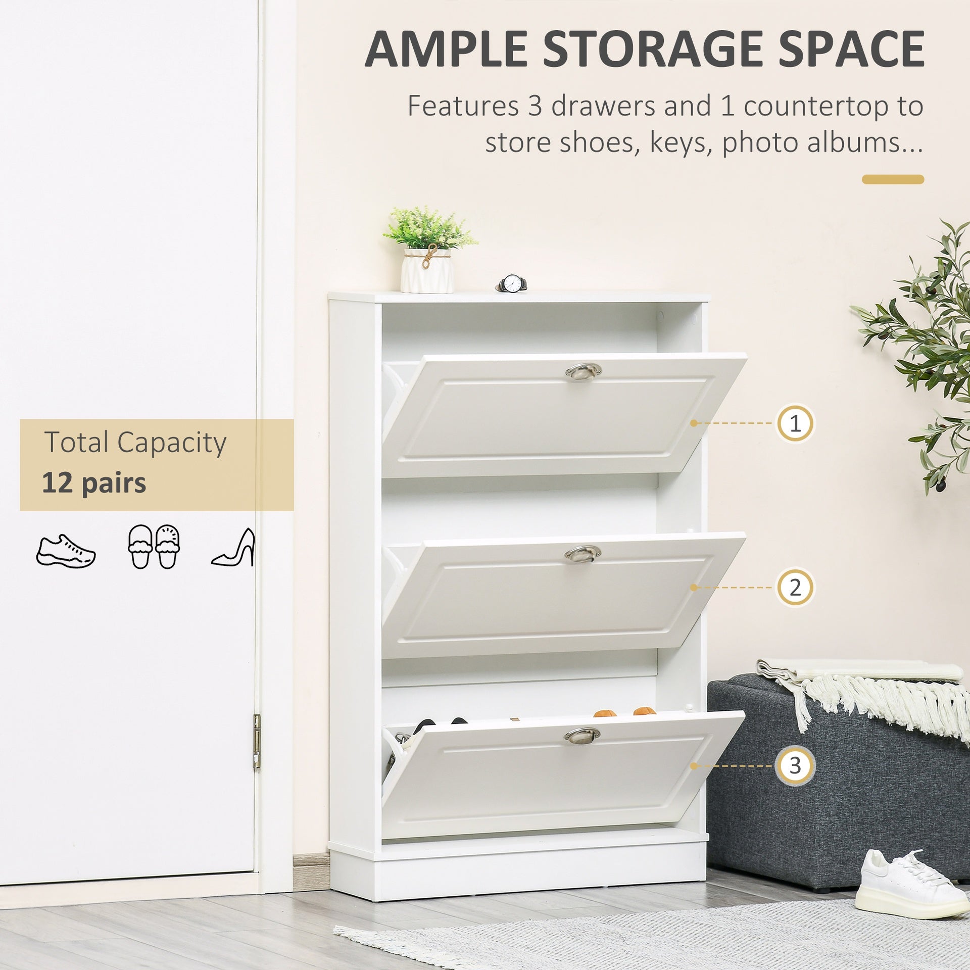 HOMCOM Shoe Cabinet, Narrow Shoe Storage Cabinet with 3 Flip Drawers, Holds 12 Pairs for Entryway, Hallway, White