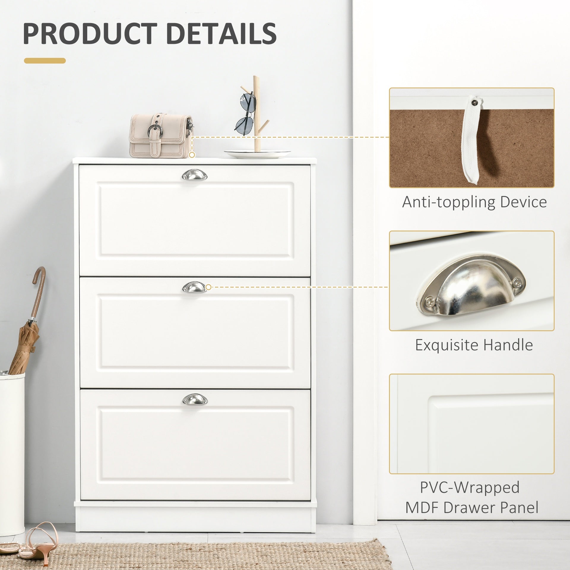 HOMCOM Shoe Cabinet, Narrow Shoe Storage Cabinet with 3 Flip Drawers, Holds 12 Pairs for Entryway, Hallway, White
