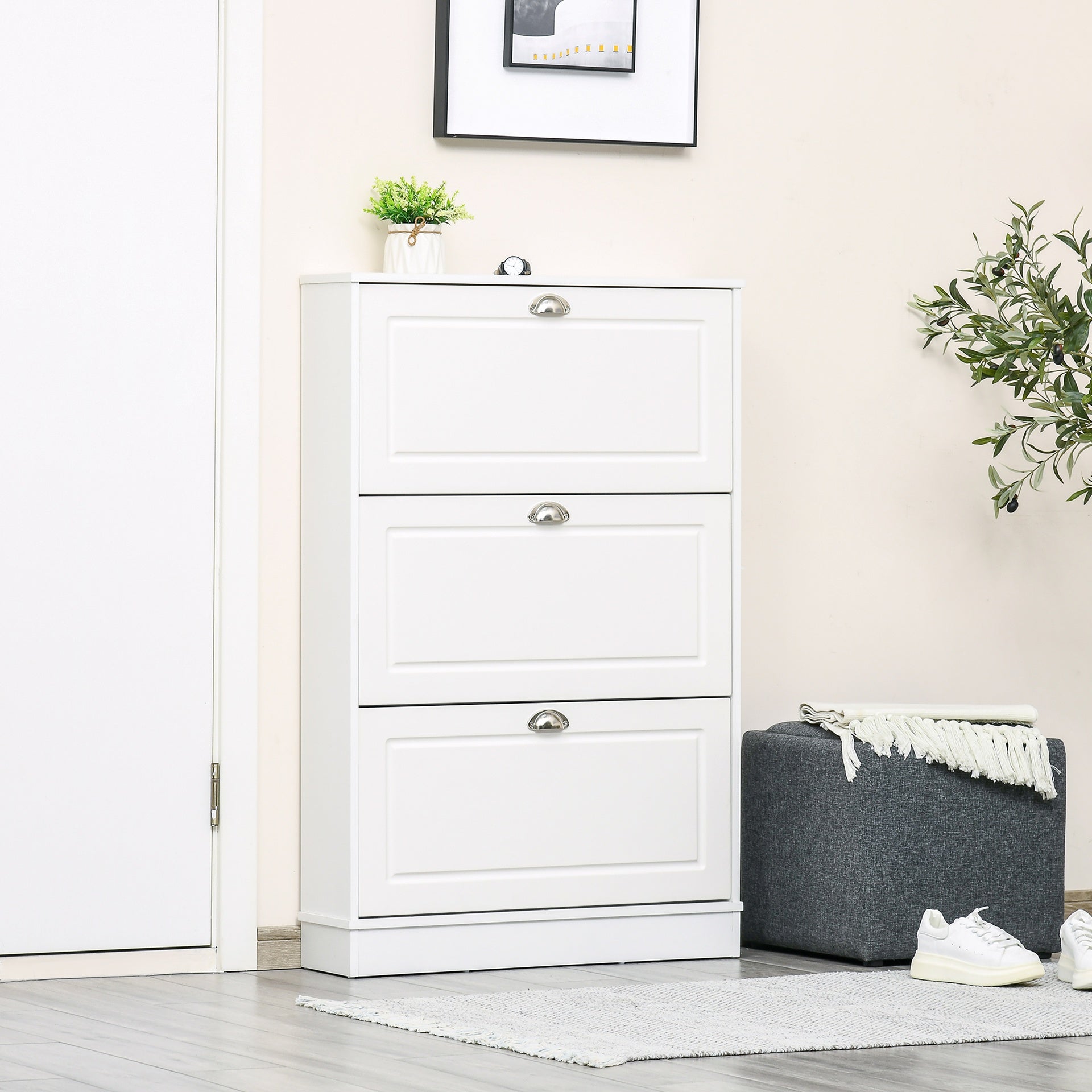 HOMCOM Shoe Cabinet, Narrow Shoe Storage Cabinet with 3 Flip Drawers, Holds 12 Pairs for Entryway, Hallway, White