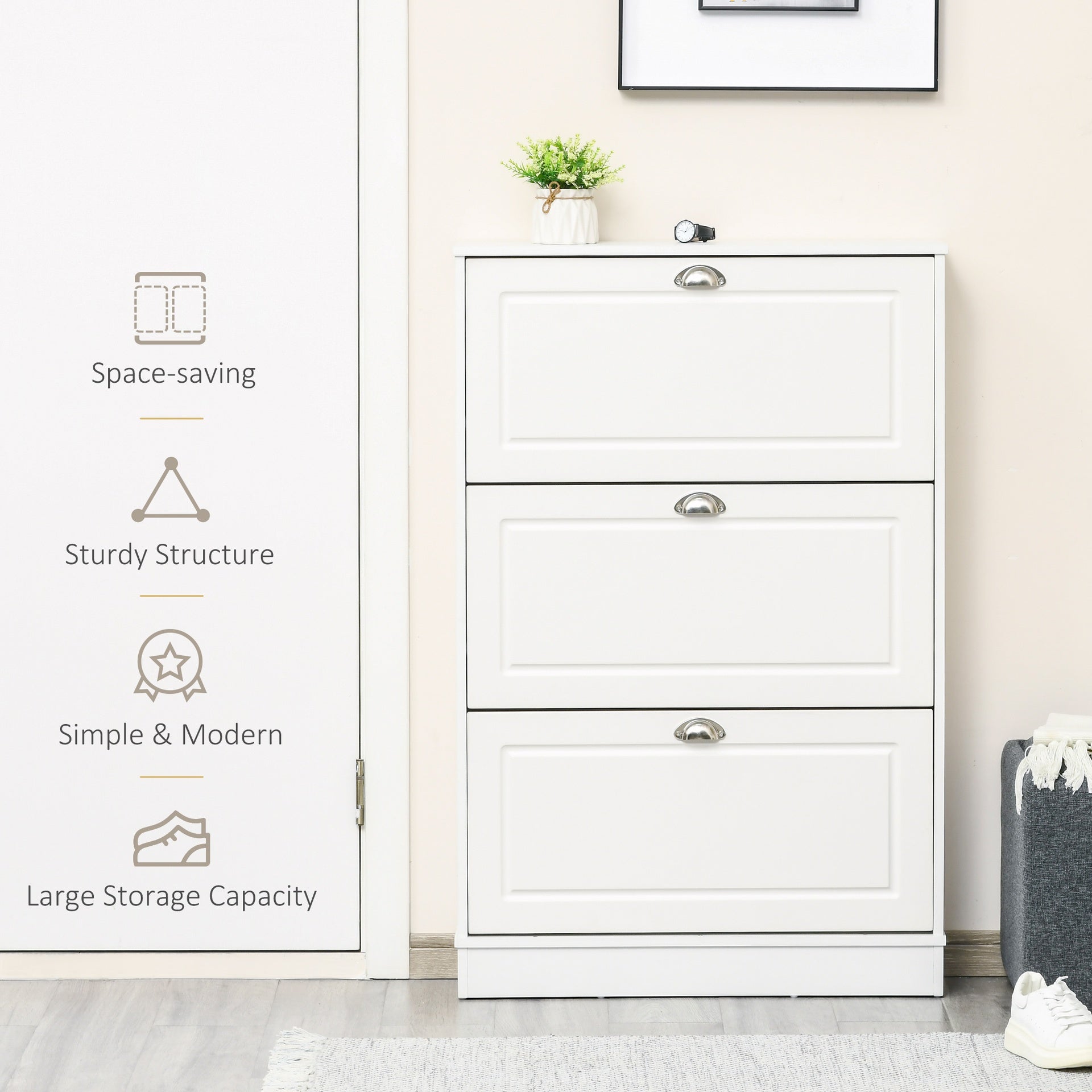 HOMCOM Shoe Cabinet, Narrow Shoe Storage Cabinet with 3 Flip Drawers, Holds 12 Pairs for Entryway, Hallway, White