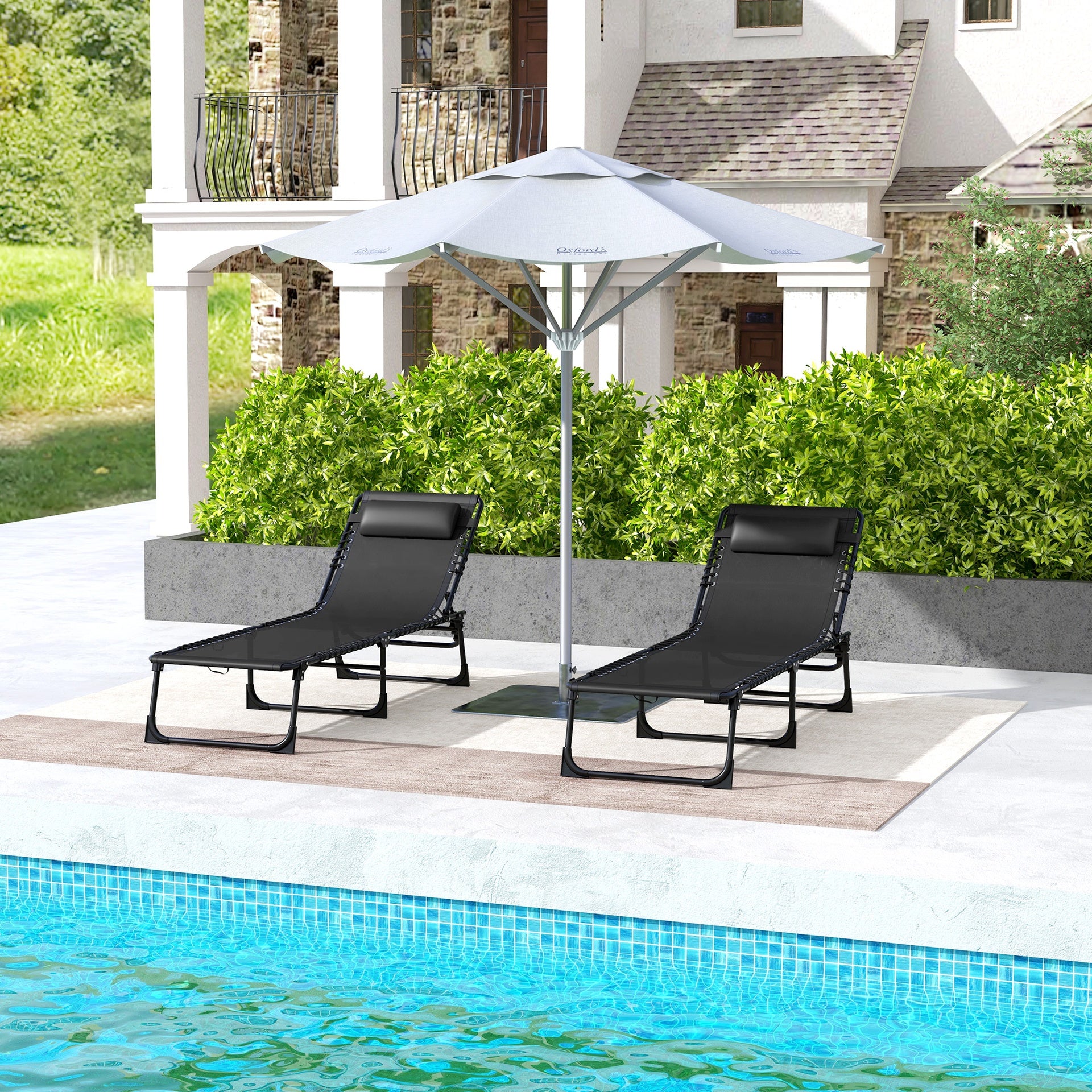 Outsunny 2 Folding Chaise Lounge Pool Chairs with 4-Position Reclining Back, Pillow, Breathable Mesh & Bungee Seat, Black