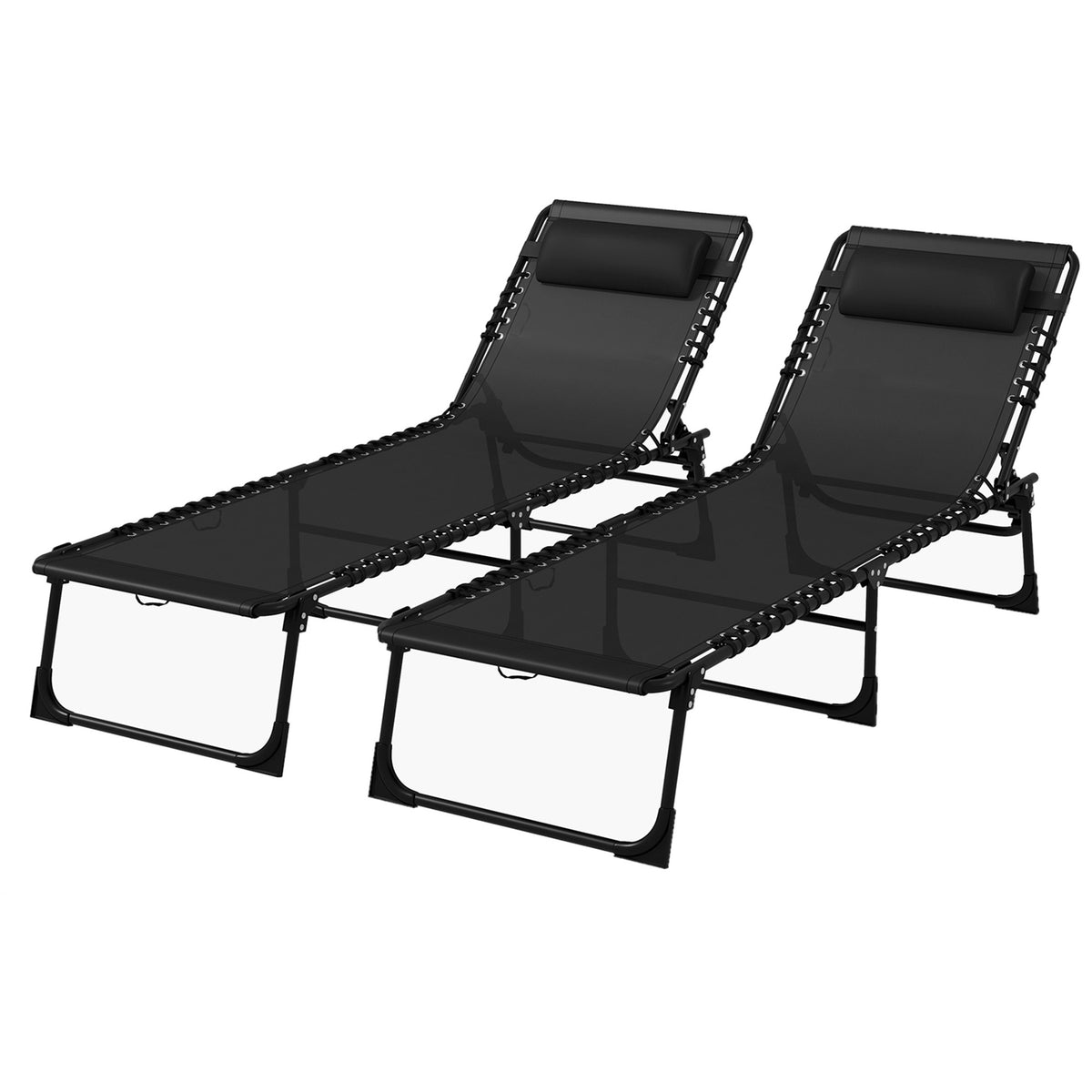 Outsunny 2 Folding Chaise Lounge Pool Chairs with 4-Position Reclining Back, Pillow, Breathable Mesh & Bungee Seat, Black