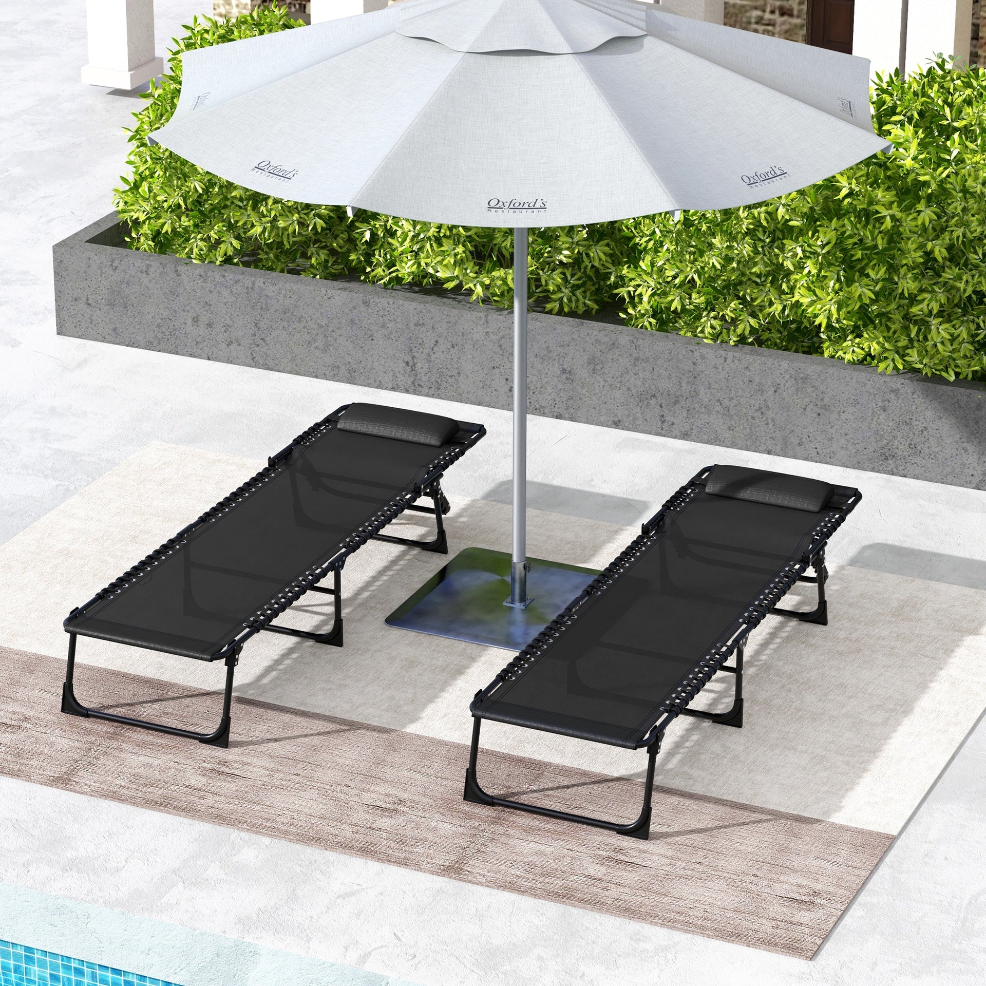Outsunny 2 Folding Chaise Lounge Pool Chairs with 4-Position Reclining Back, Pillow, Breathable Mesh & Bungee Seat, Black