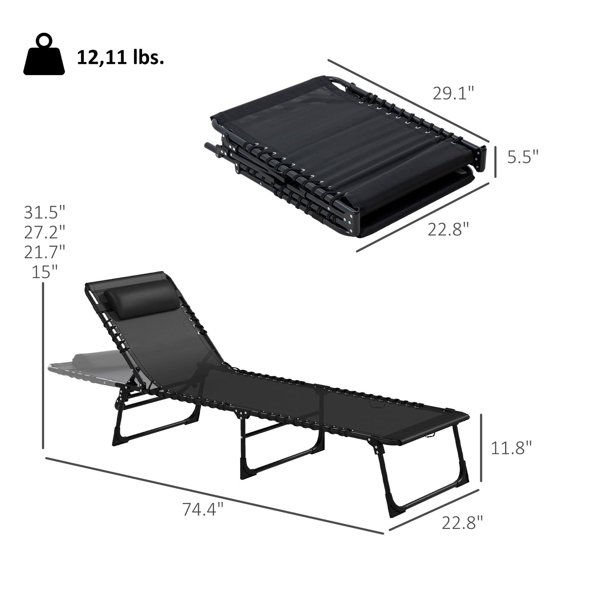 Outsunny 2 Folding Chaise Lounge Pool Chairs with 4-Position Reclining Back, Pillow, Breathable Mesh & Bungee Seat, Black
