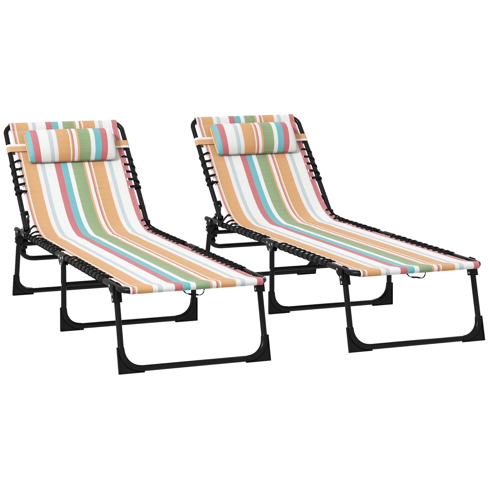 Outsunny 2 Folding Chaise Lounge Pool Chairs with 4-Position Reclining Back, Pillow, Breathable Mesh & Bungee Seat, Striped