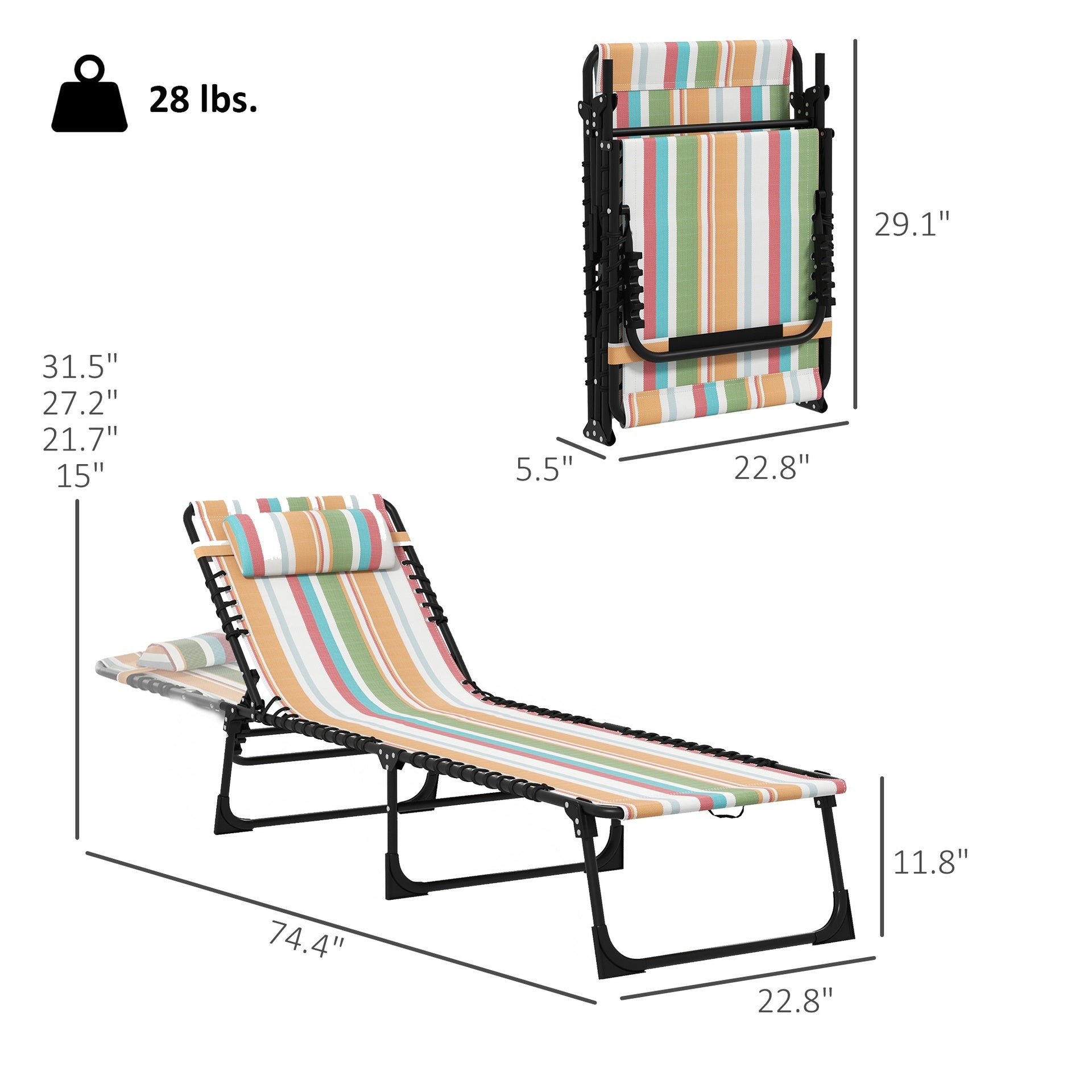 Outsunny 2 Folding Chaise Lounge Pool Chairs with 4-Position Reclining Back, Pillow, Breathable Mesh & Bungee Seat, Striped