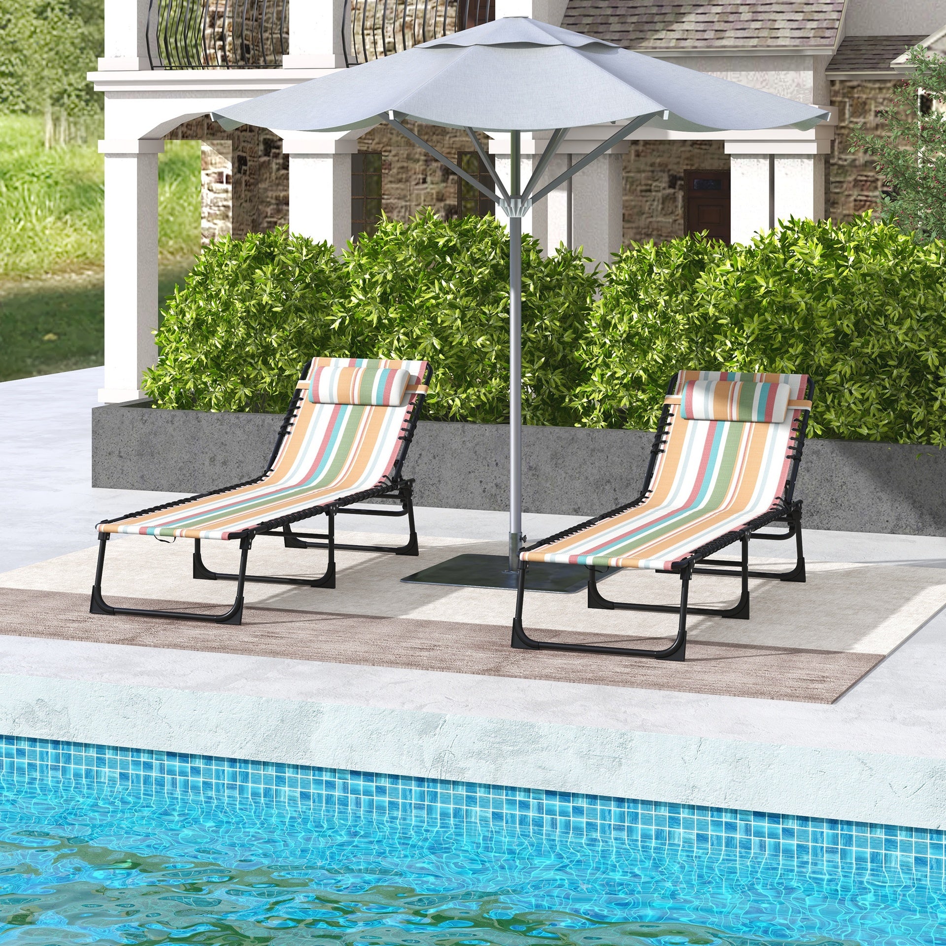 Outsunny 2 Folding Chaise Lounge Pool Chairs with 4-Position Reclining Back, Pillow, Breathable Mesh & Bungee Seat, Striped