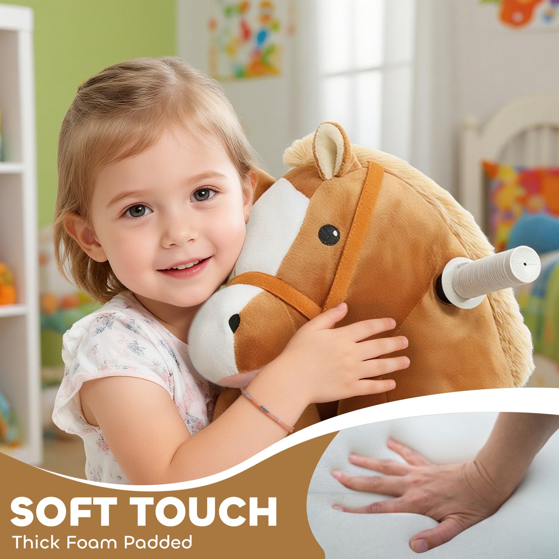 Qaba 6V Battery Powered Ride on Horse with Music, Forward, Foot Pedal, Soft Touch, Washable Cover, for 1.5-5 Years Old