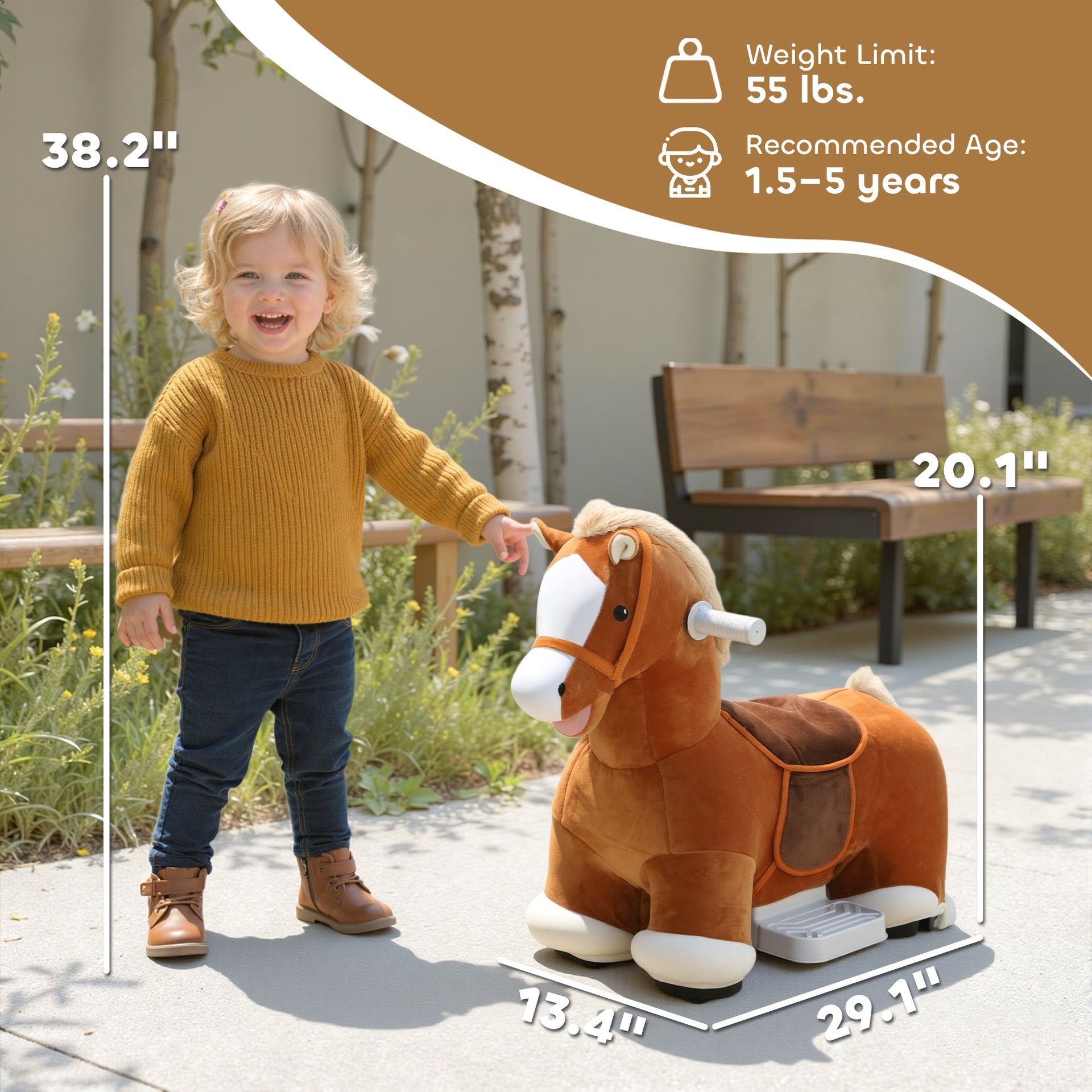 Qaba 6V Battery Powered Ride on Horse with Music, Forward, Foot Pedal, Soft Touch, Washable Cover, for 1.5-5 Years Old